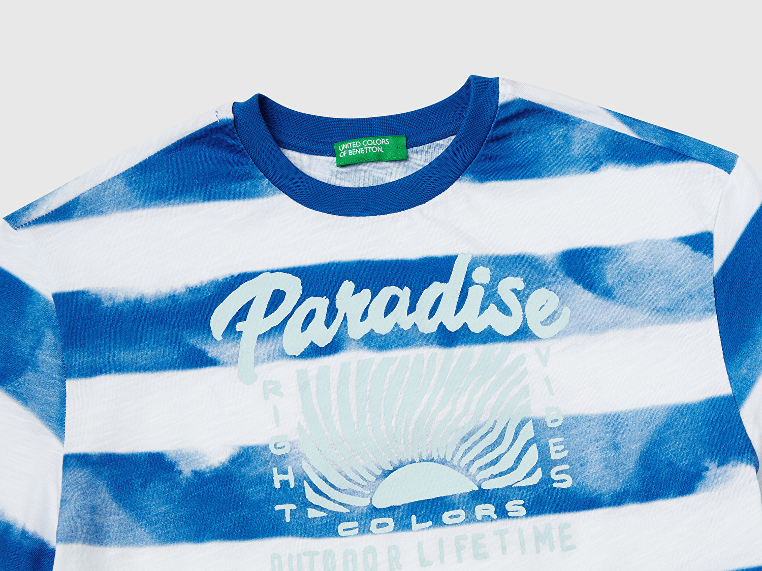 Benetton Erkek Çocuk Saks Mavi Baskılı Fırça Darbesi Çizgili Bisiklet Yaka Oversize T-Shirt