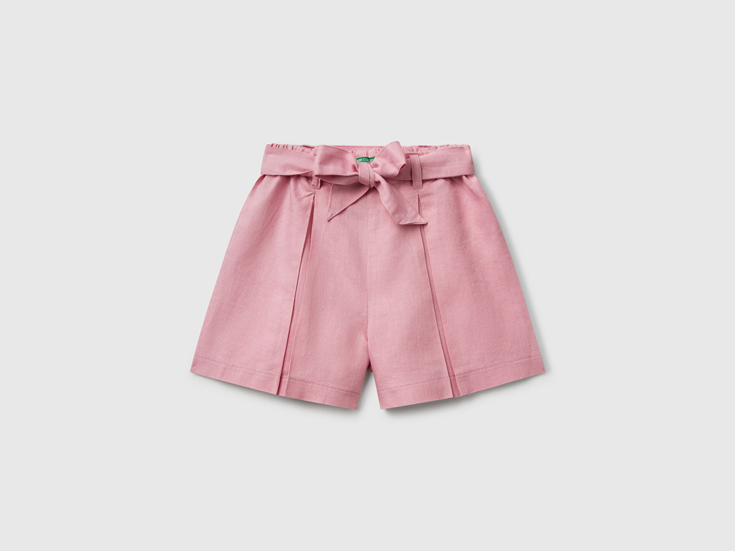 Benetton Kız Bebek Pembe Keten Karışımlı Beli Lastikli Kuşaklı Pileli Bermuda Şort