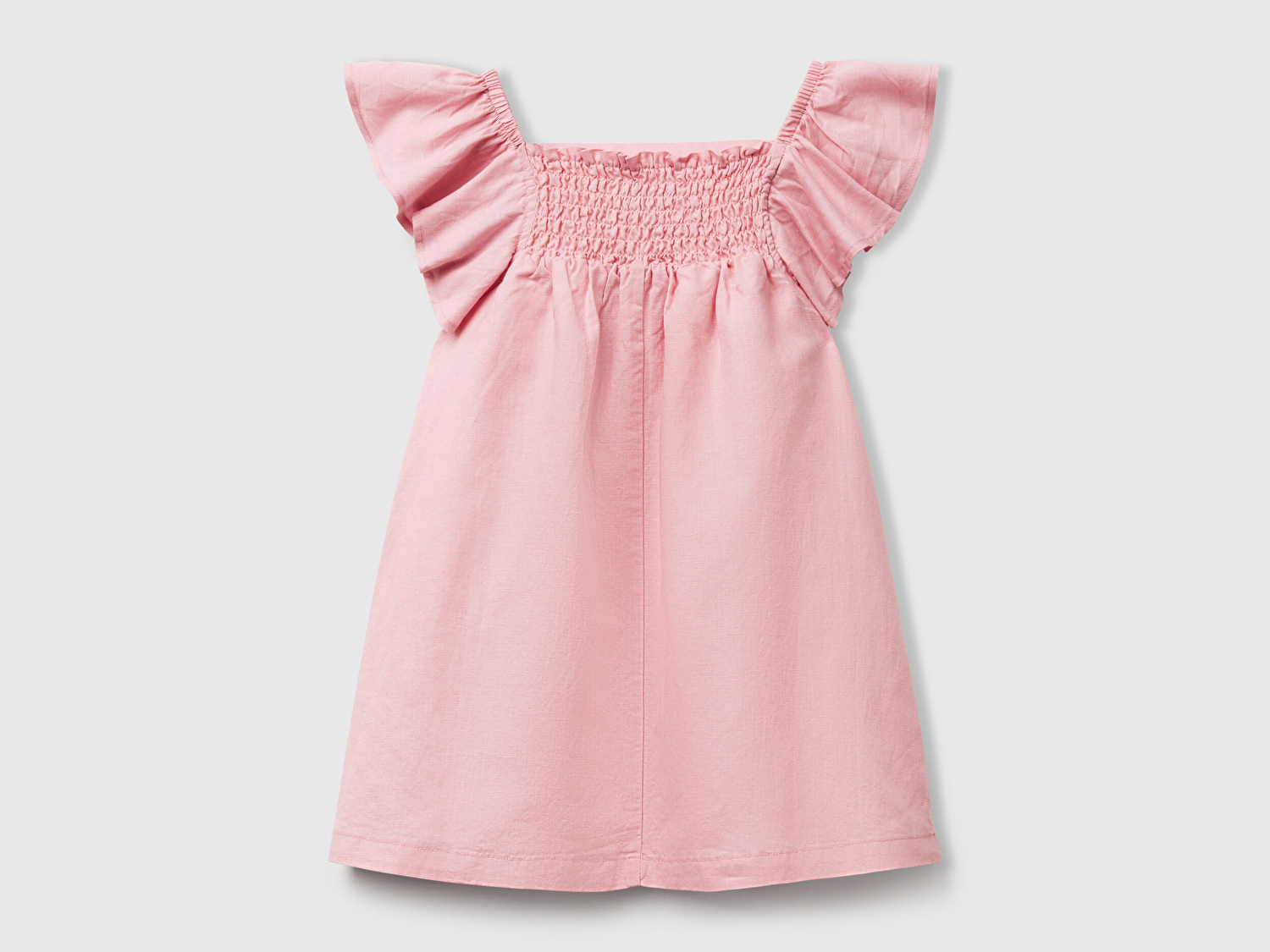 Benetton Kız Bebek Pembe Keten Karışımlı Çiçek Aplikeli Askısı Fırfırlı Pileli Elbise