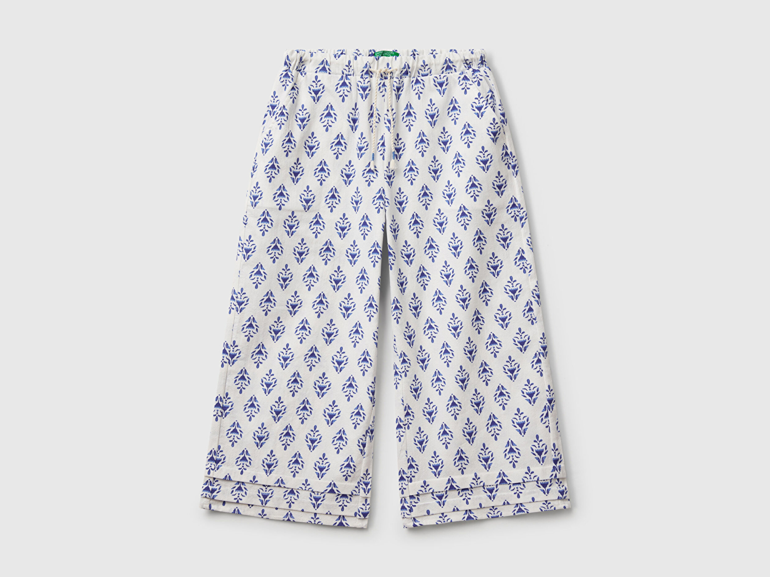 Benetton Kız Çocuk Mavi Desenli Büzgü İpli Wide Leg Pantolon