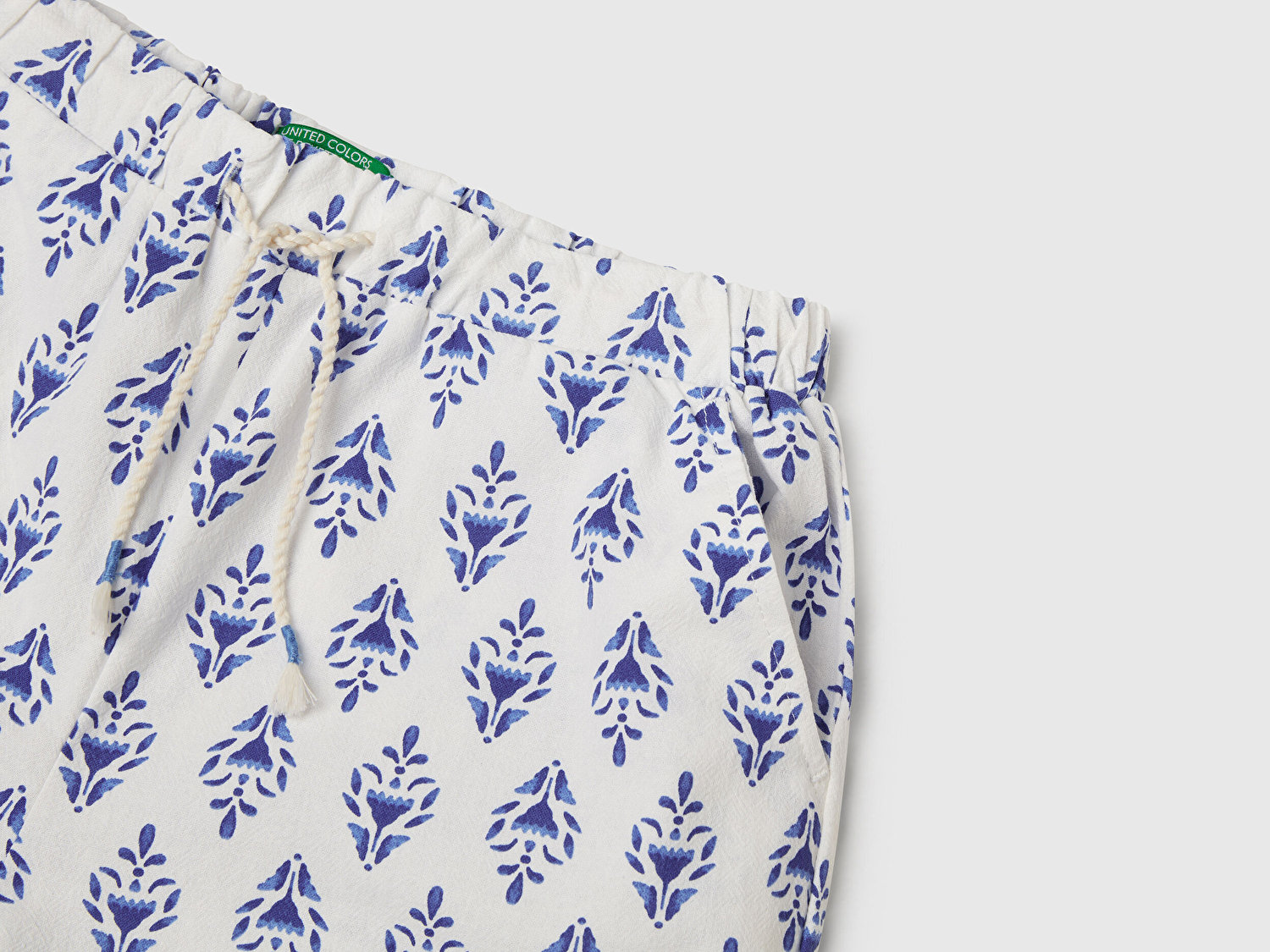 Benetton Kız Çocuk Mavi Desenli Büzgü İpli Wide Leg Pantolon