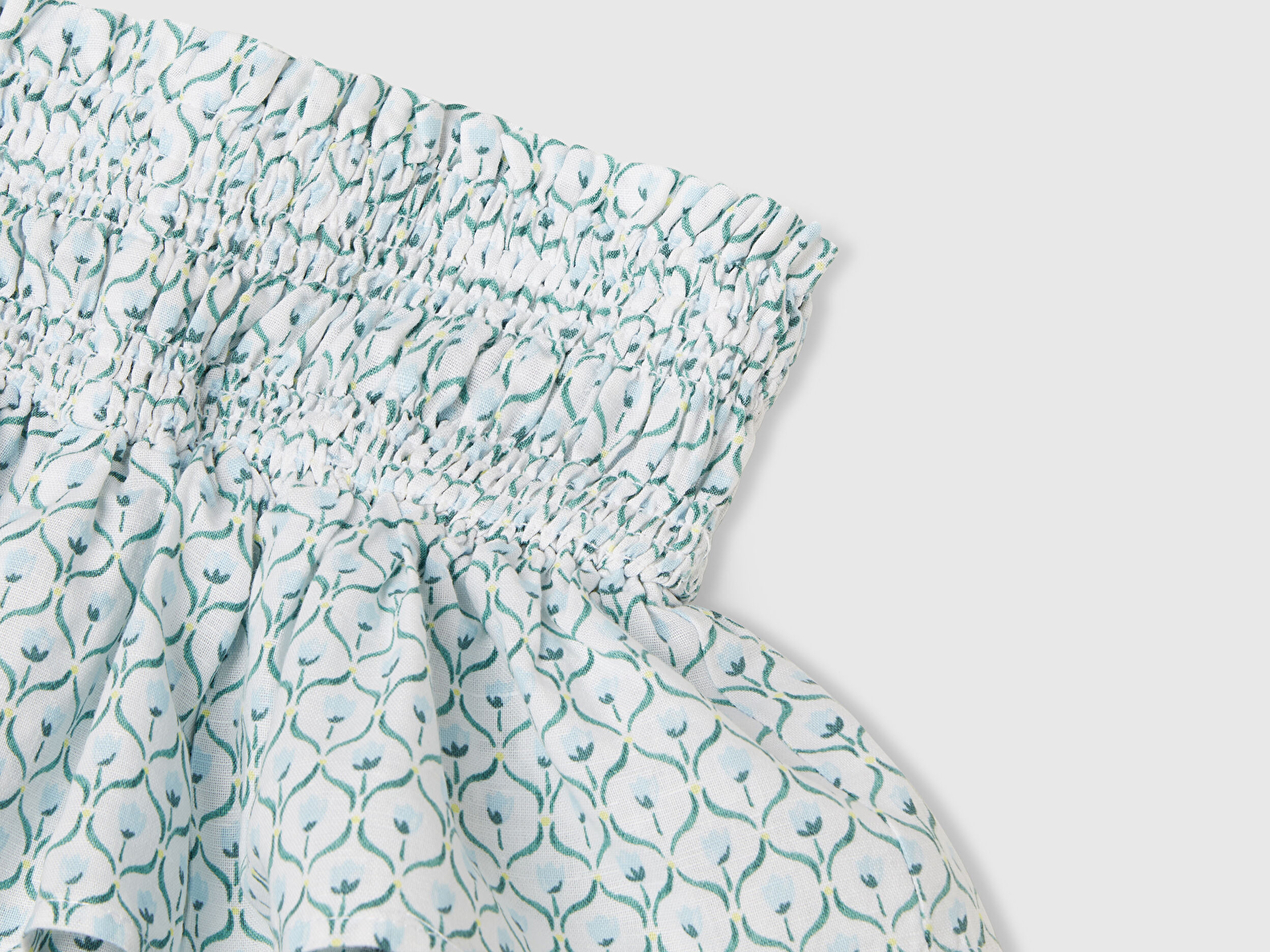 Benetton Kız Çocuk Buz Mavi Keten Karışımlı Tamamı Desenli Beli Büzgülü Katlı Etek