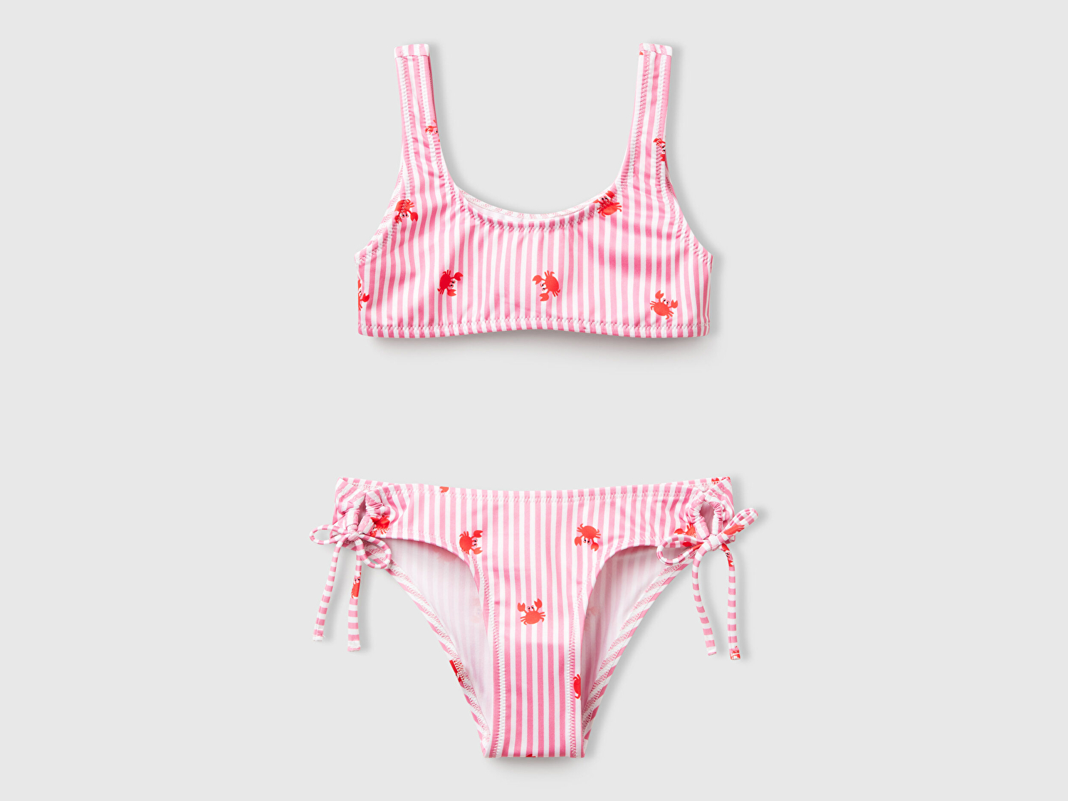 Benetton Kız Çocuk Pembe Desenli Yuvarlak Yaka Yandan Büzgü İpli Bikini Takımı