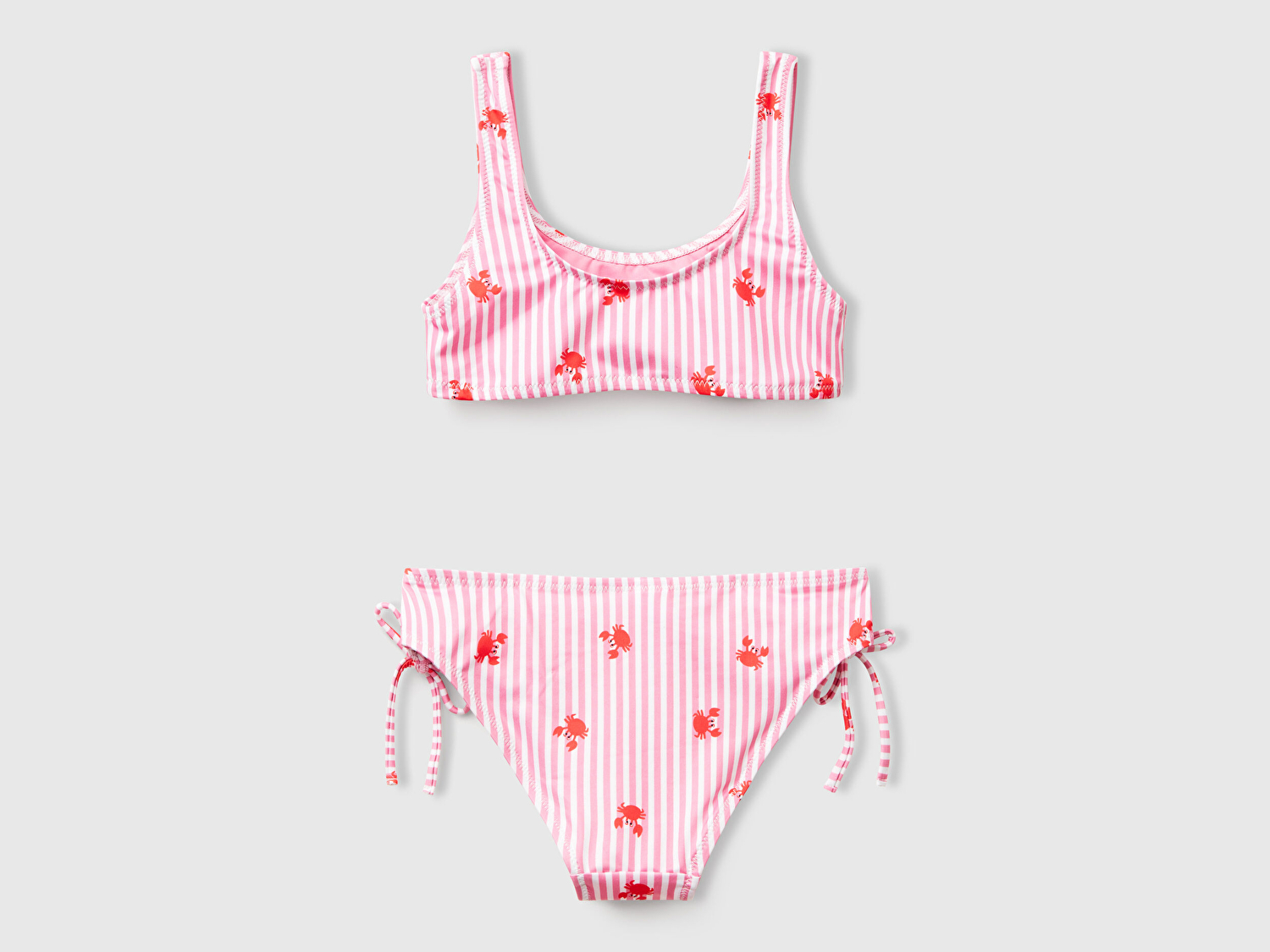 Benetton Kız Çocuk Pembe Desenli Yuvarlak Yaka Yandan Büzgü İpli Bikini Takımı
