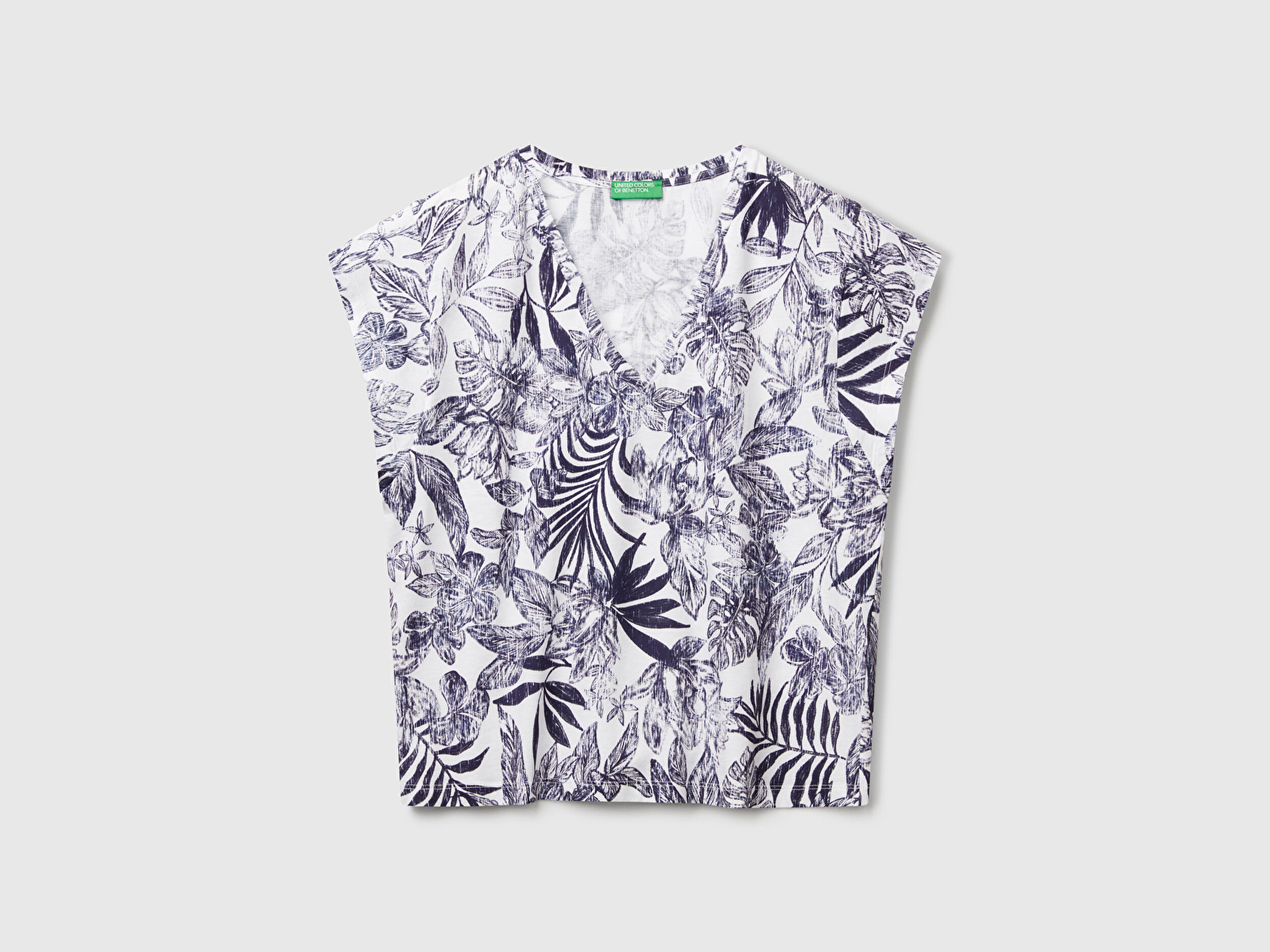Benetton Kadın Mavi Mix %100 Koton Desenli V Yaka T-Shirt