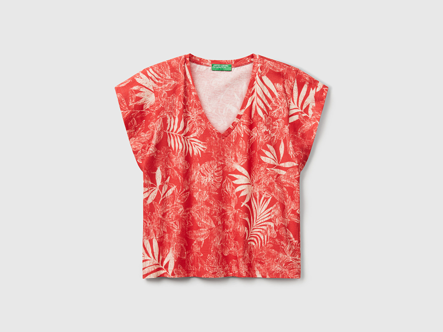 Benetton Kadın Mercan %100 Koton Desenli V Yaka T-Shirt