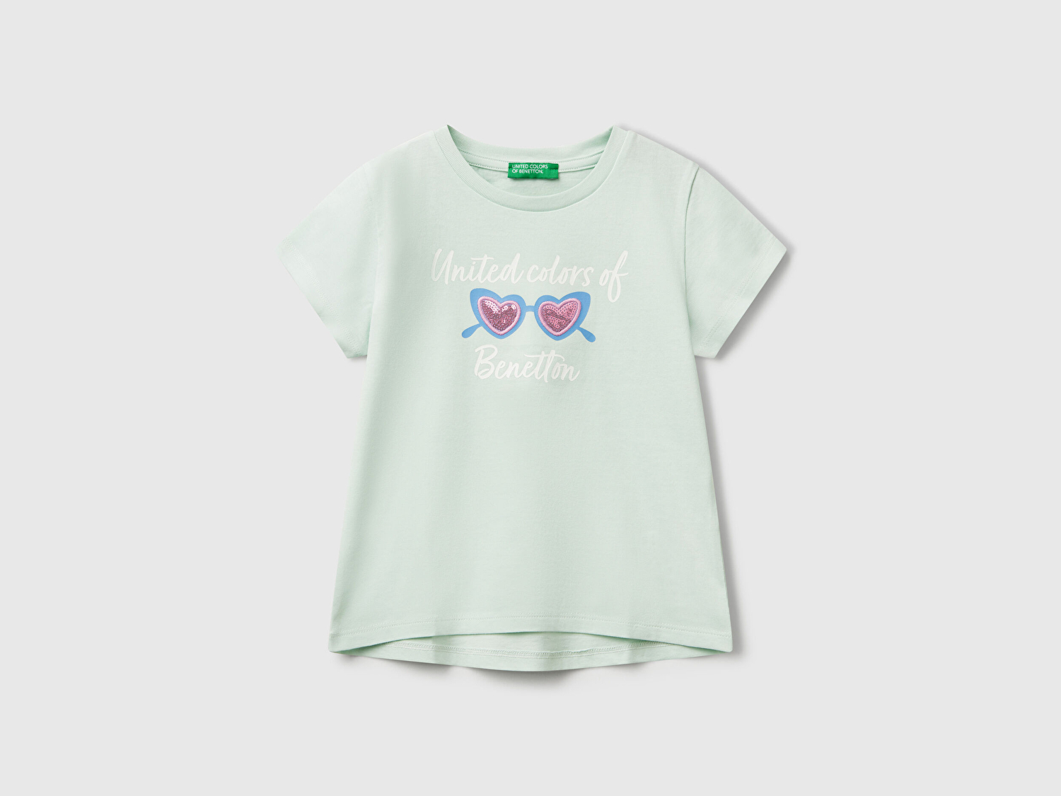 Benetton Kız Bebek Su Yeşili Simli Benetton Logo Baskılı T-Shirt