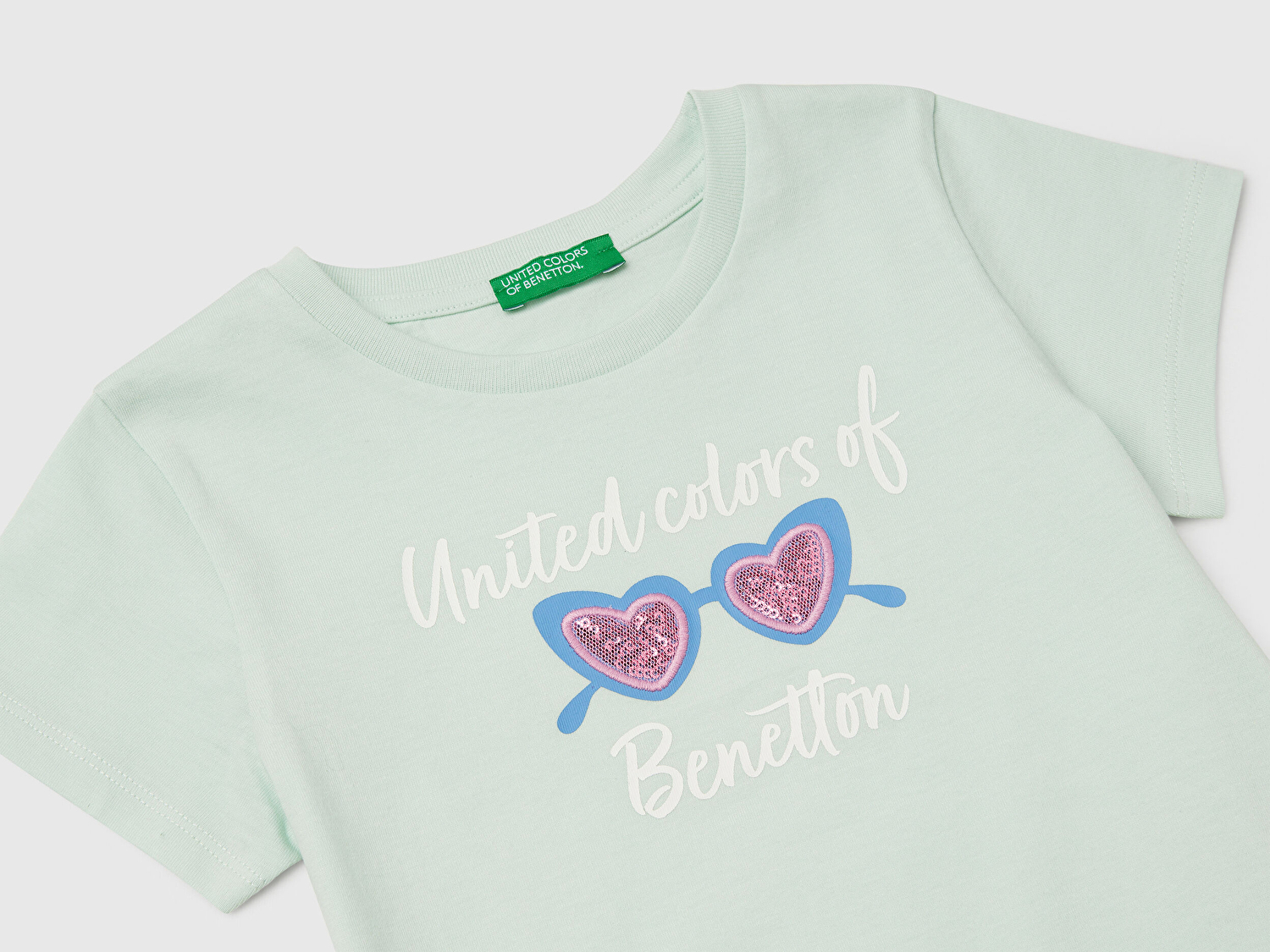 Benetton Kız Bebek Su Yeşili Simli Benetton Logo Baskılı T-Shirt