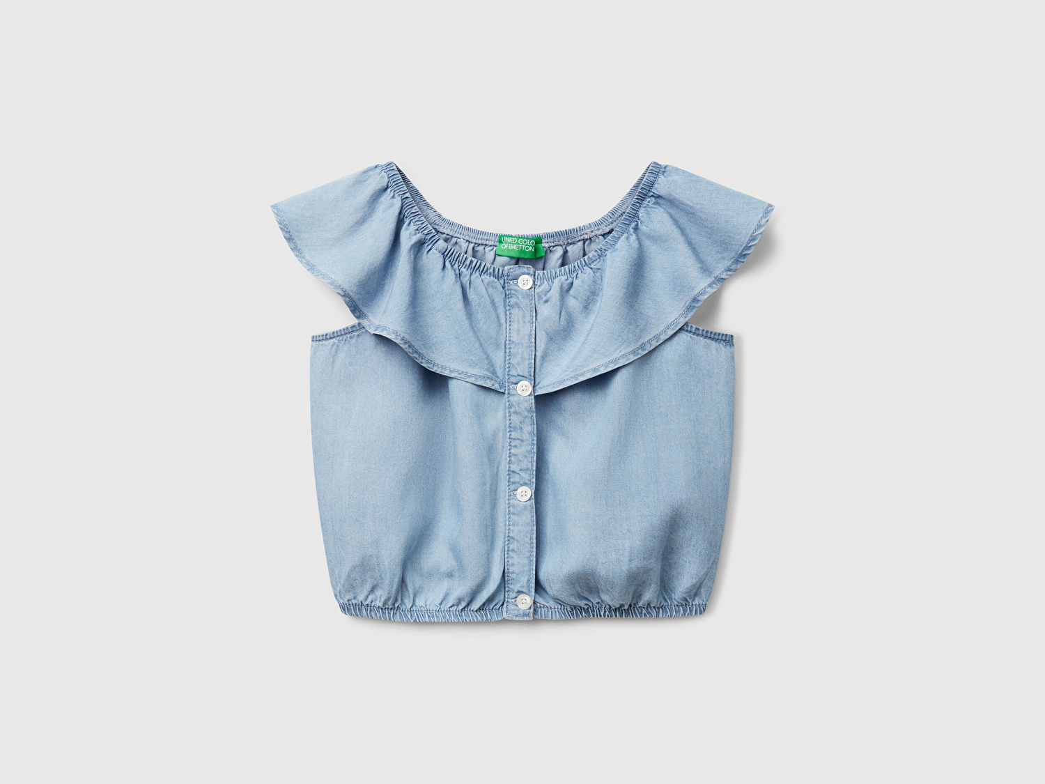 Benetton Kız Çocuk Denim %100 Liyosel Yakası Fırfırlı Lastikli Kolsuz Crop Gömlek