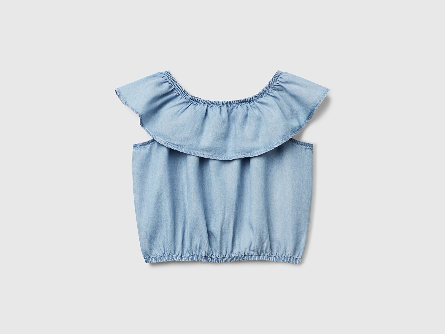 Benetton Kız Çocuk Denim %100 Liyosel Yakası Fırfırlı Lastikli Kolsuz Crop Gömlek