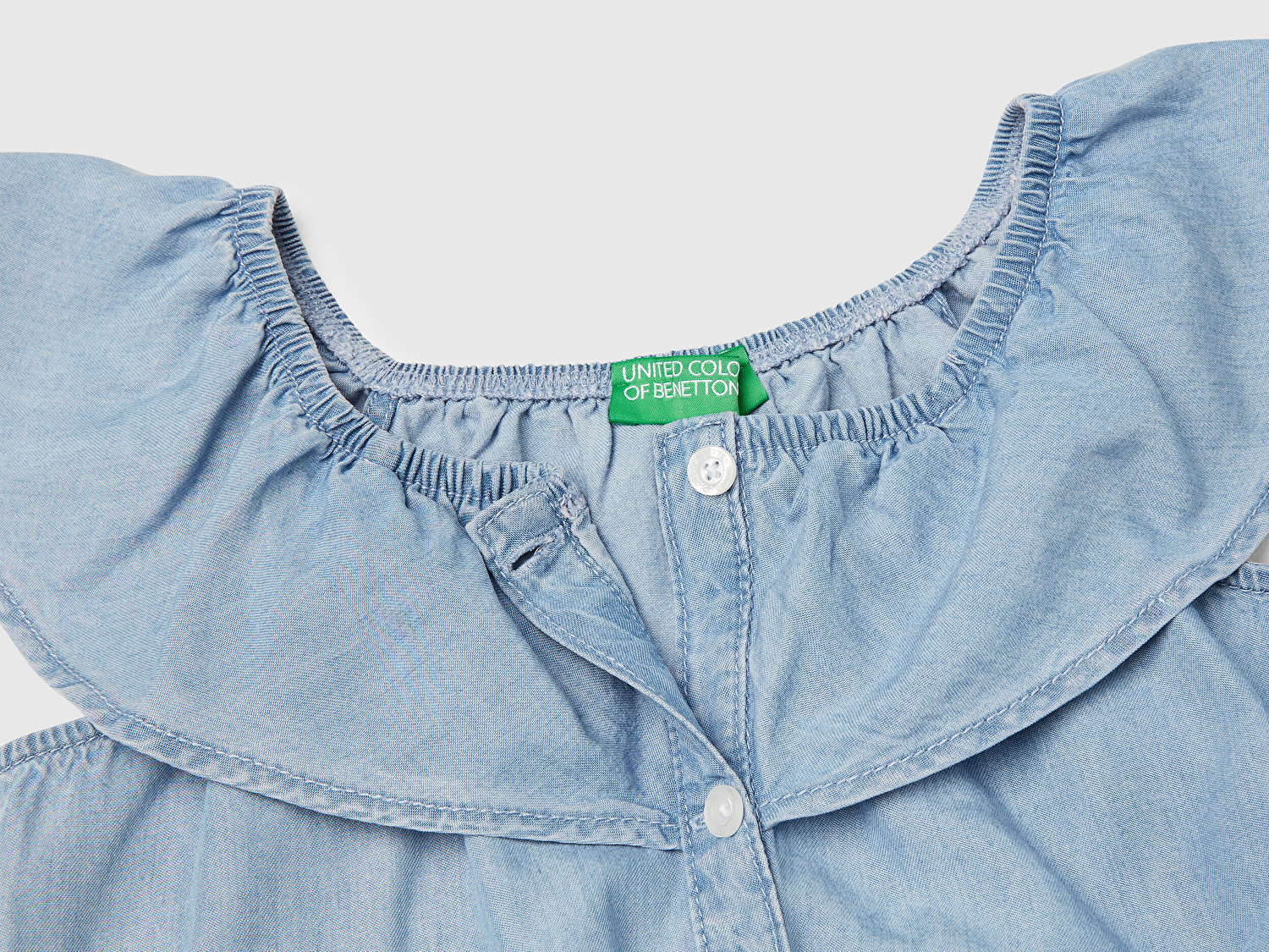 Benetton Kız Çocuk Denim %100 Liyosel Yakası Fırfırlı Lastikli Kolsuz Crop Gömlek