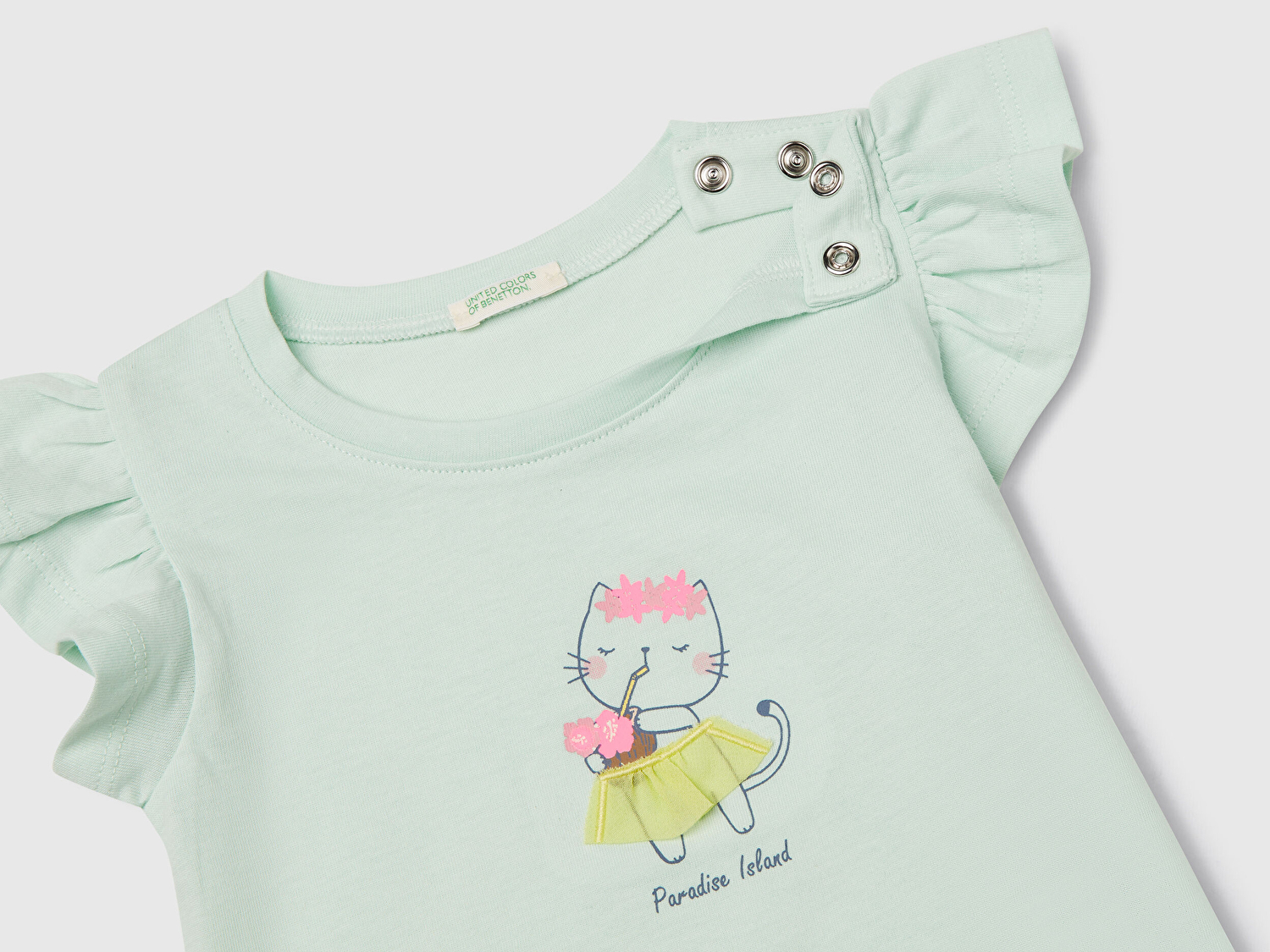 Benetton Bebek Su Yeşili Logo Etiketli Kolu Fırfır Detaylı Bisiklet Yaka T-Shirt