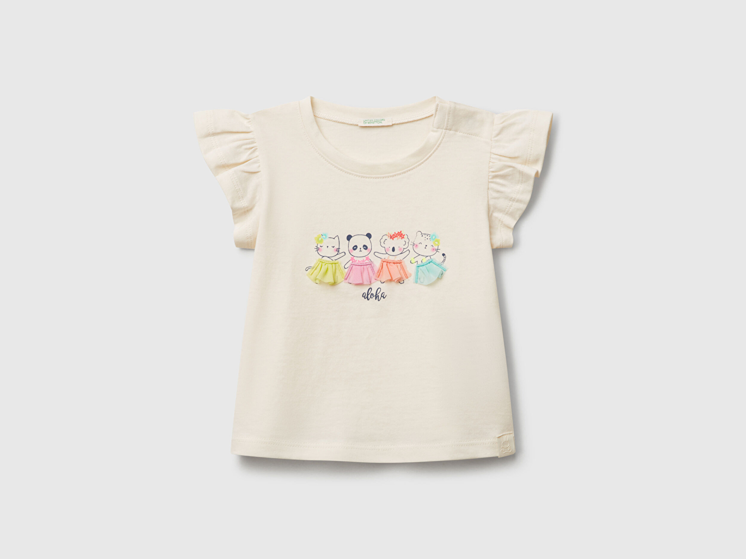 Benetton Bebek Ekru Logo Etiketli Kolu Fırfır Detaylı Bisiklet Yaka T-Shirt