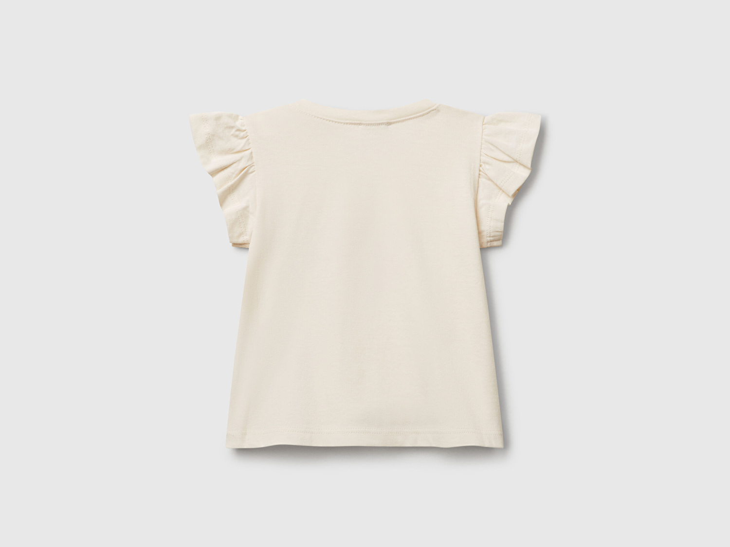 Benetton Bebek Ekru Logo Etiketli Kolu Fırfır Detaylı Bisiklet Yaka T-Shirt
