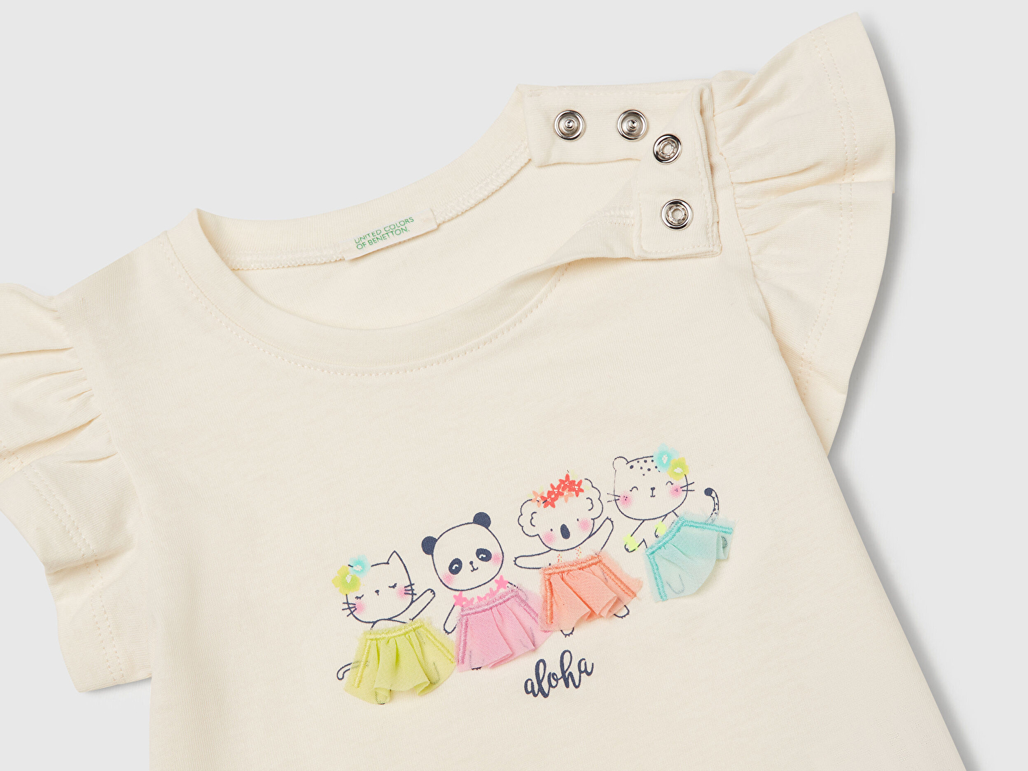 Benetton Bebek Ekru Logo Etiketli Kolu Fırfır Detaylı Bisiklet Yaka T-Shirt