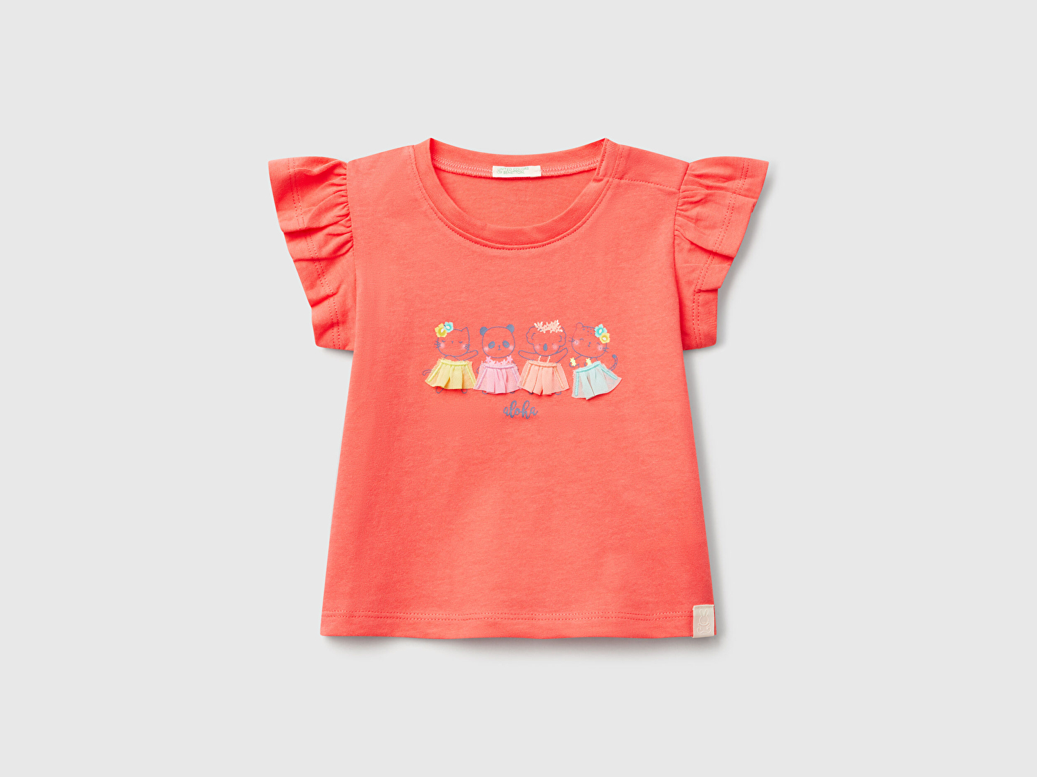 Benetton Bebek Mercan Logo Etiketli Kolu Fırfır Detaylı Bisiklet Yaka T-Shirt