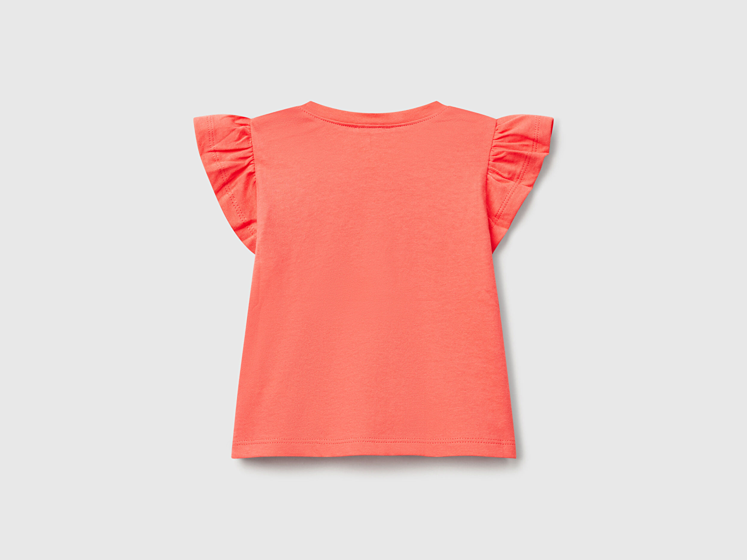 Benetton Bebek Mercan Logo Etiketli Kolu Fırfır Detaylı Bisiklet Yaka T-Shirt