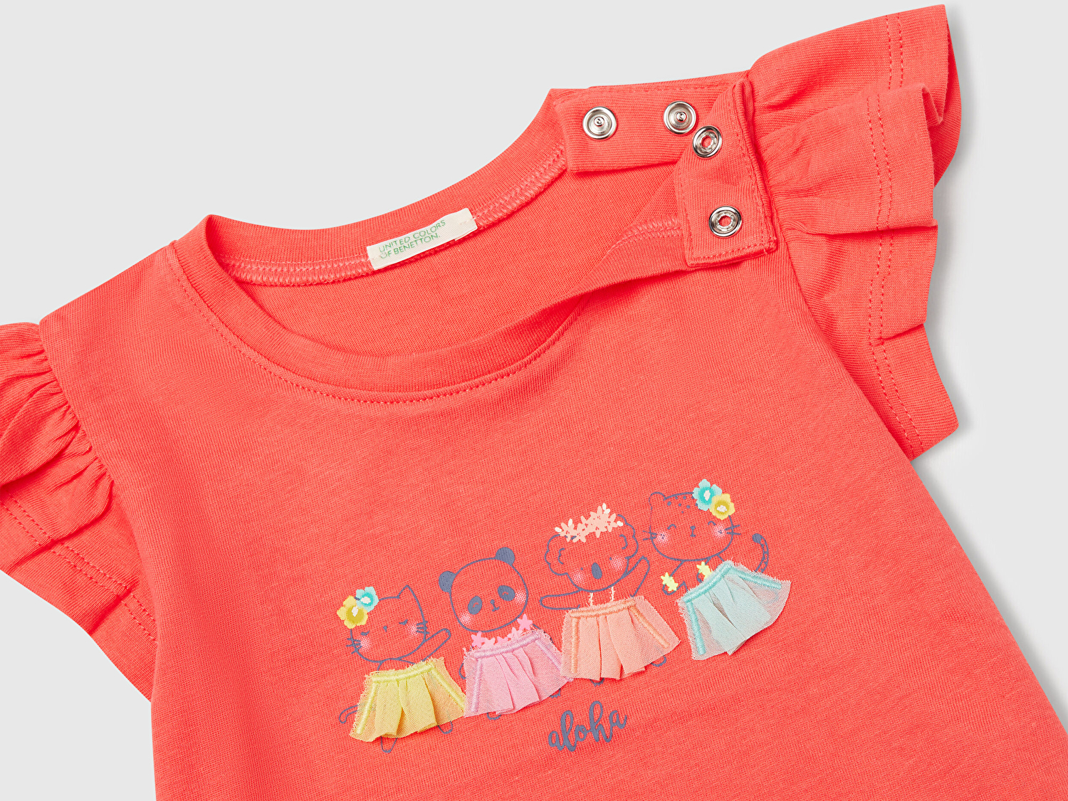 Benetton Bebek Mercan Logo Etiketli Kolu Fırfır Detaylı Bisiklet Yaka T-Shirt