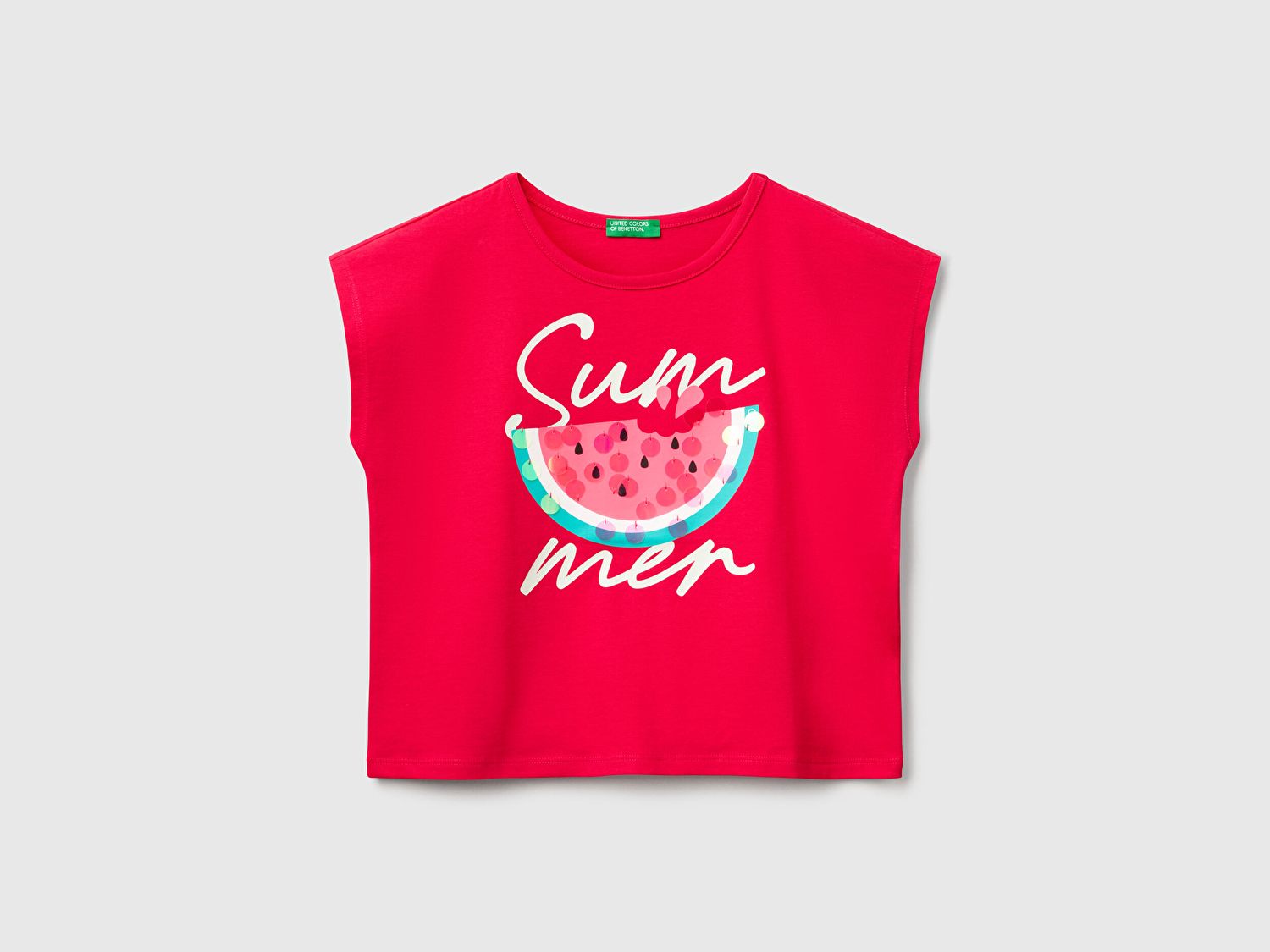 Benetton Kız Çocuk Fuşya Baskılı Payet İşleme Detaylı T-Shirt