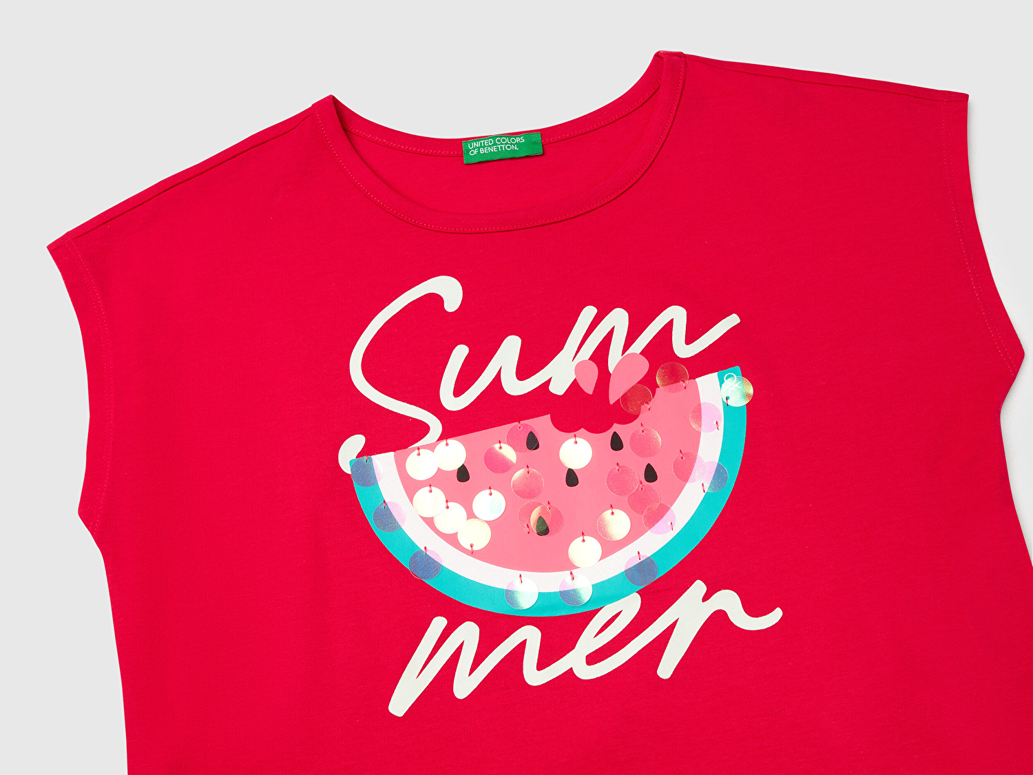 Benetton Kız Çocuk Fuşya Baskılı Payet İşleme Detaylı T-Shirt