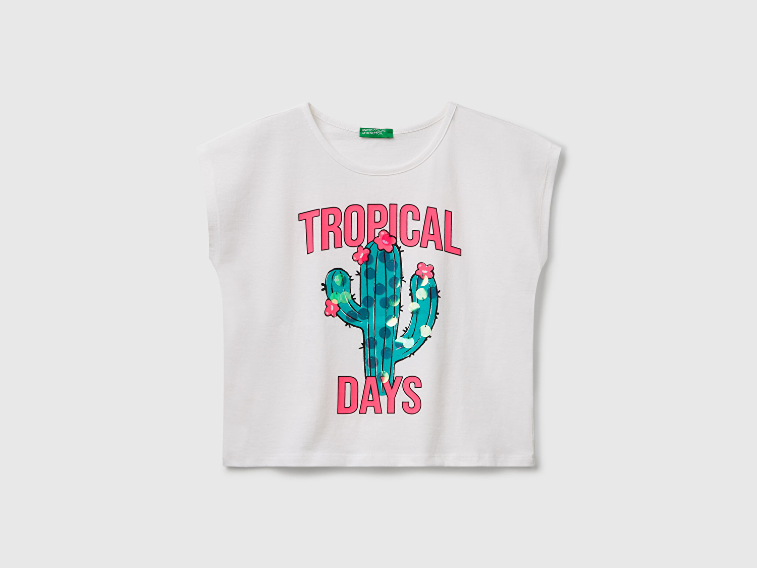 Benetton Kız Çocuk Beyaz Baskılı Payet İşleme Detaylı T-Shirt