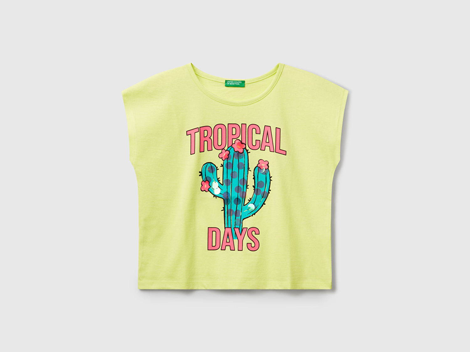 Benetton Kız Çocuk Sarı Baskılı Payet İşleme Detaylı T-Shirt