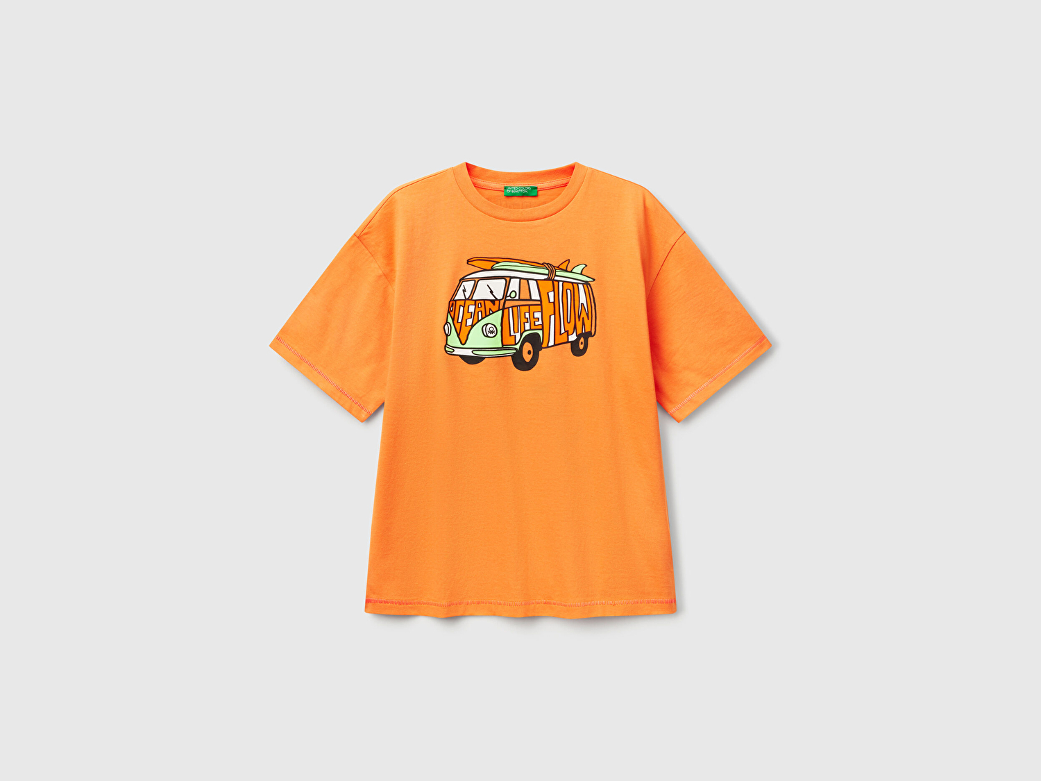 Benetton Erkek Çocuk Turuncu Ajurlu Önü ve Arkası Baskılı T-Shirt