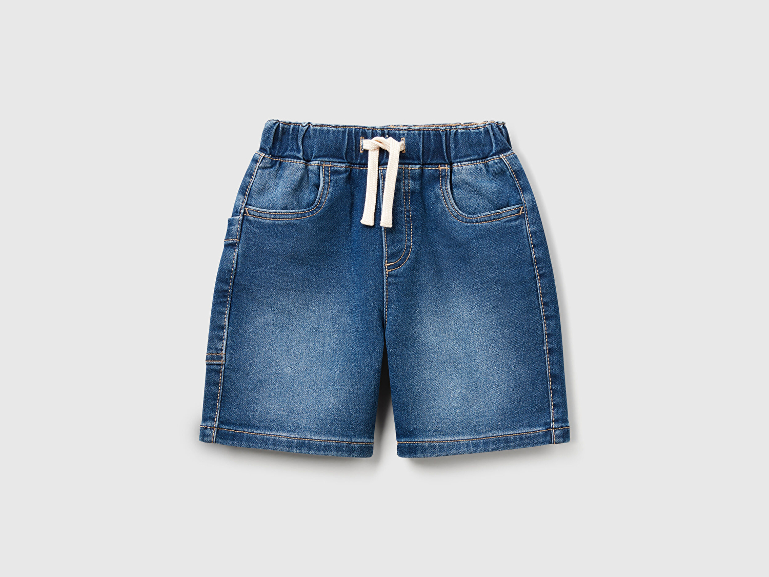 Benetton Erkek Bebek Koyu Denim Yan Cebi Logo İşlemeli Büzgü İpli Denim Bermuda Şort