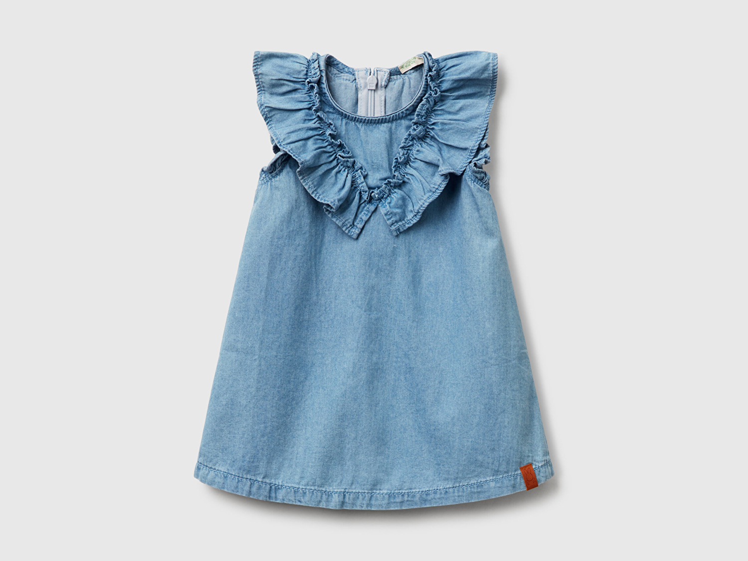 Benetton Bebek Denim Logo Etiket Detaylı Yakası Fırfırlı Pileli Denim Elbise