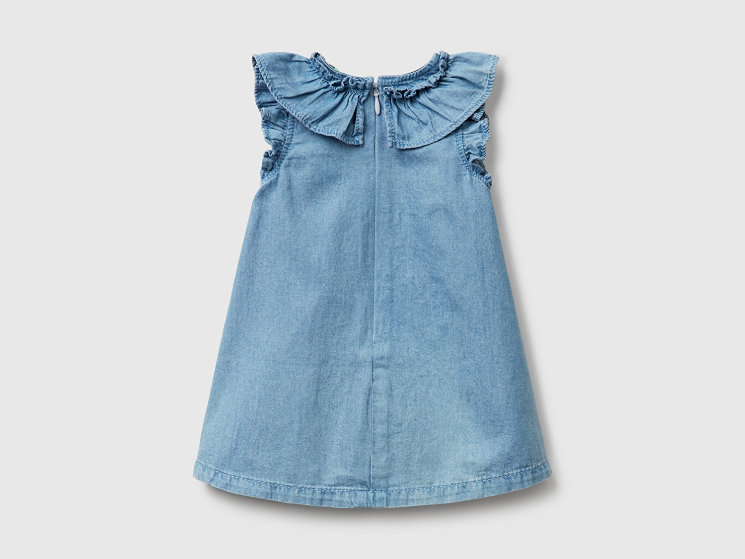 Benetton Bebek Denim Logo Etiket Detaylı Yakası Fırfırlı Pileli Denim Elbise