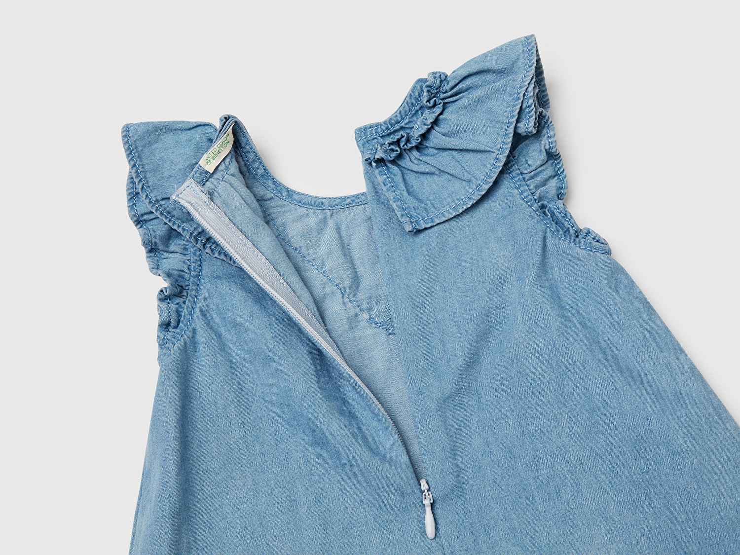 Benetton Bebek Denim Logo Etiket Detaylı Yakası Fırfırlı Pileli Denim Elbise