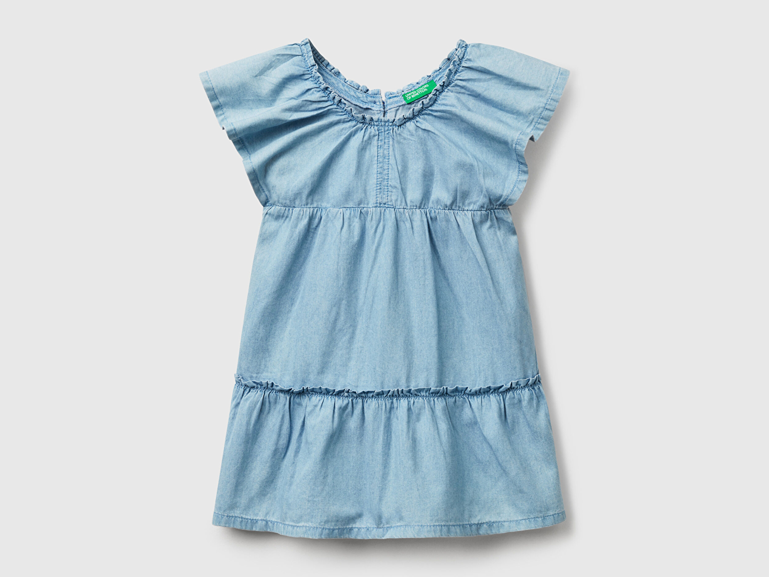 Benetton Kız Bebek Denim Yakası Lastikli Kolu ve Eteği Fırfırlı Hafif Bol Kesim Şönil Elbise