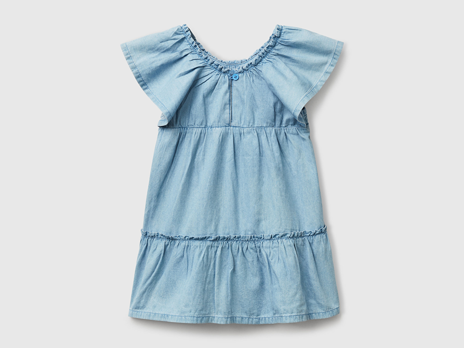 Benetton Kız Bebek Denim Yakası Lastikli Kolu ve Eteği Fırfırlı Hafif Bol Kesim Şönil Elbise