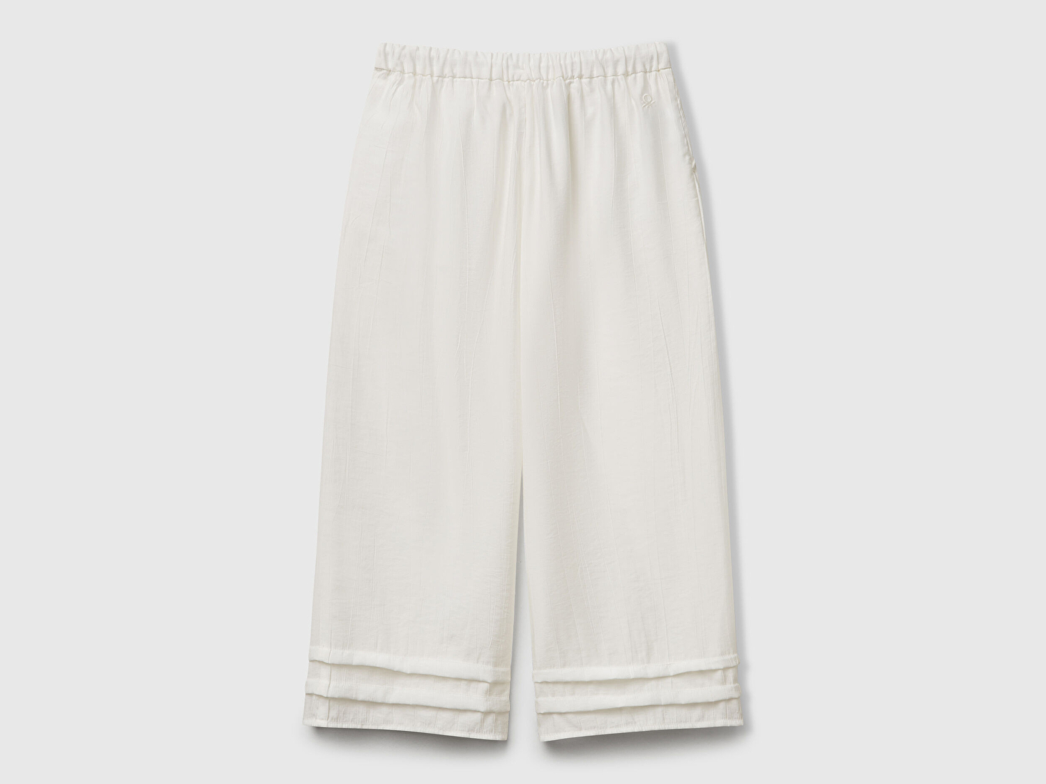 Benetton Kız Çocuk Beyaz Viskoz Karışımlı Büzgü İpli Geniş Paça Pantolon