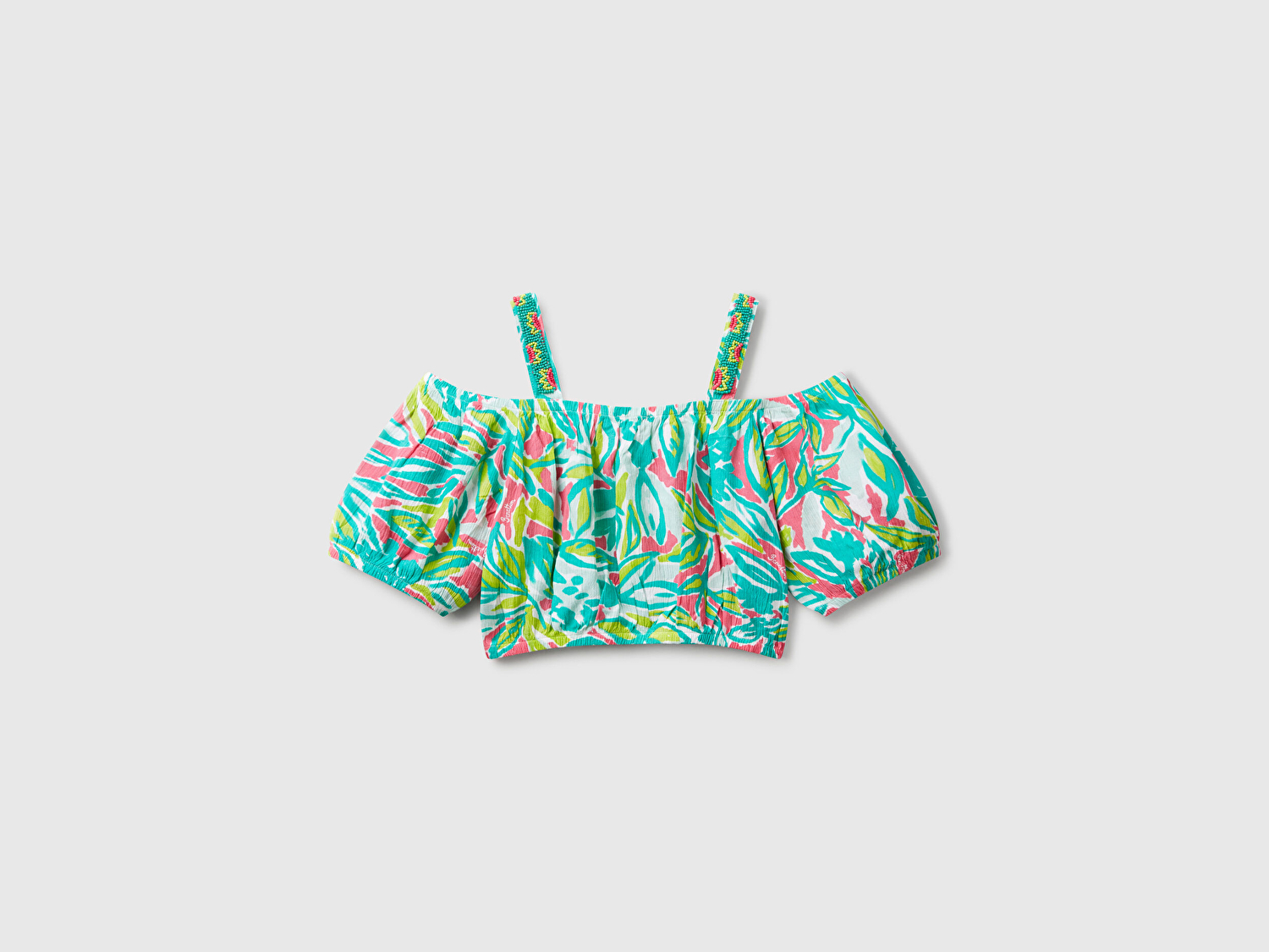 Benetton Kız Çocuk Yeşil %100 Viskoz Desenli Omuzları Açık Crop Üst