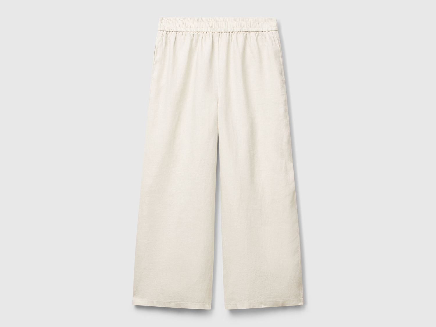 Benetton Kadın Taş Rengi %100 Keten Beli Lastikli Bol Kısa Paça Pantolon