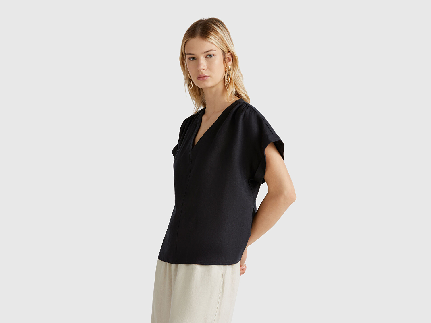Benetton Kadın Siyah %100 Keten Kimono Kol V Yaka Bluz