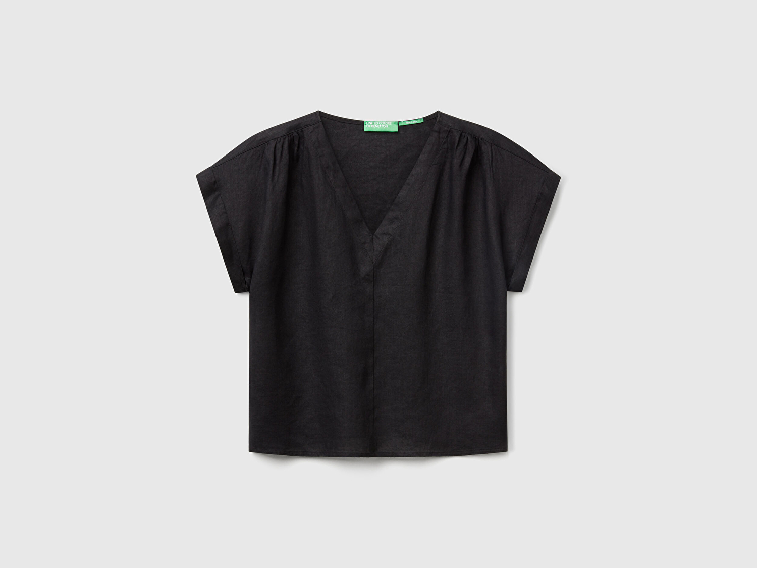 Benetton Kadın Siyah %100 Keten Kimono Kol V Yaka Bluz