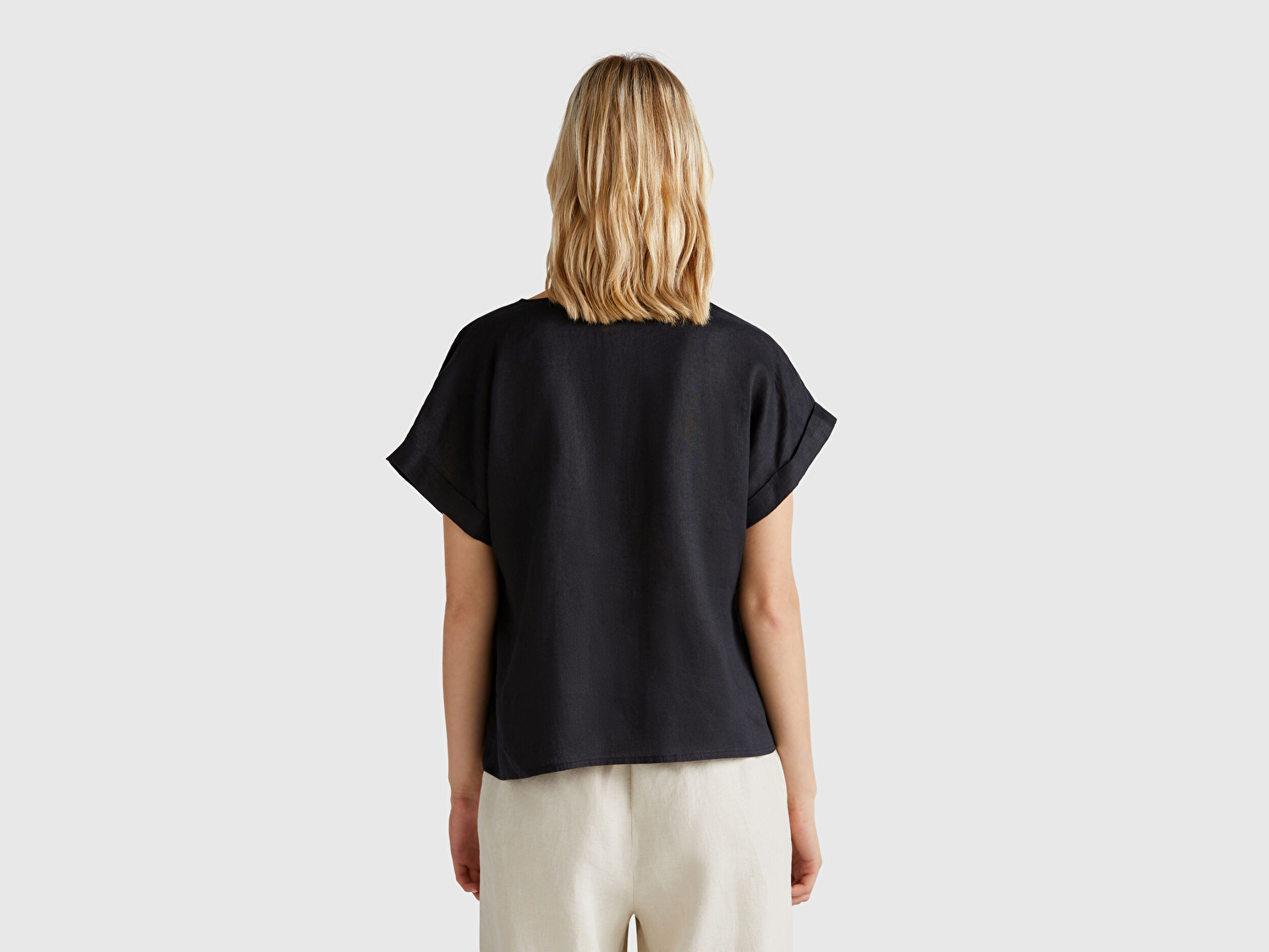 Benetton Kadın Siyah %100 Keten Kimono Kol V Yaka Bluz