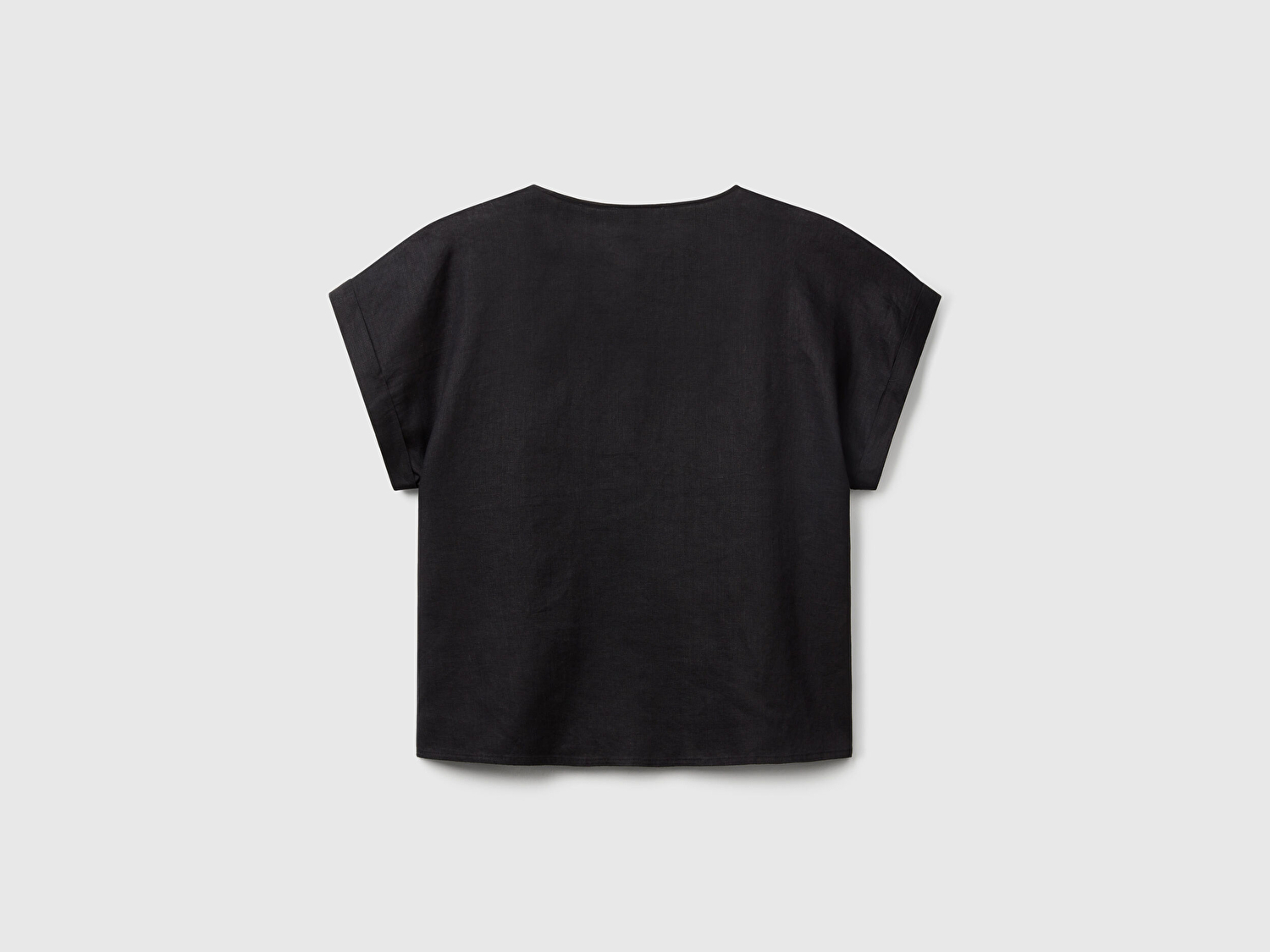 Benetton Kadın Siyah %100 Keten Kimono Kol V Yaka Bluz