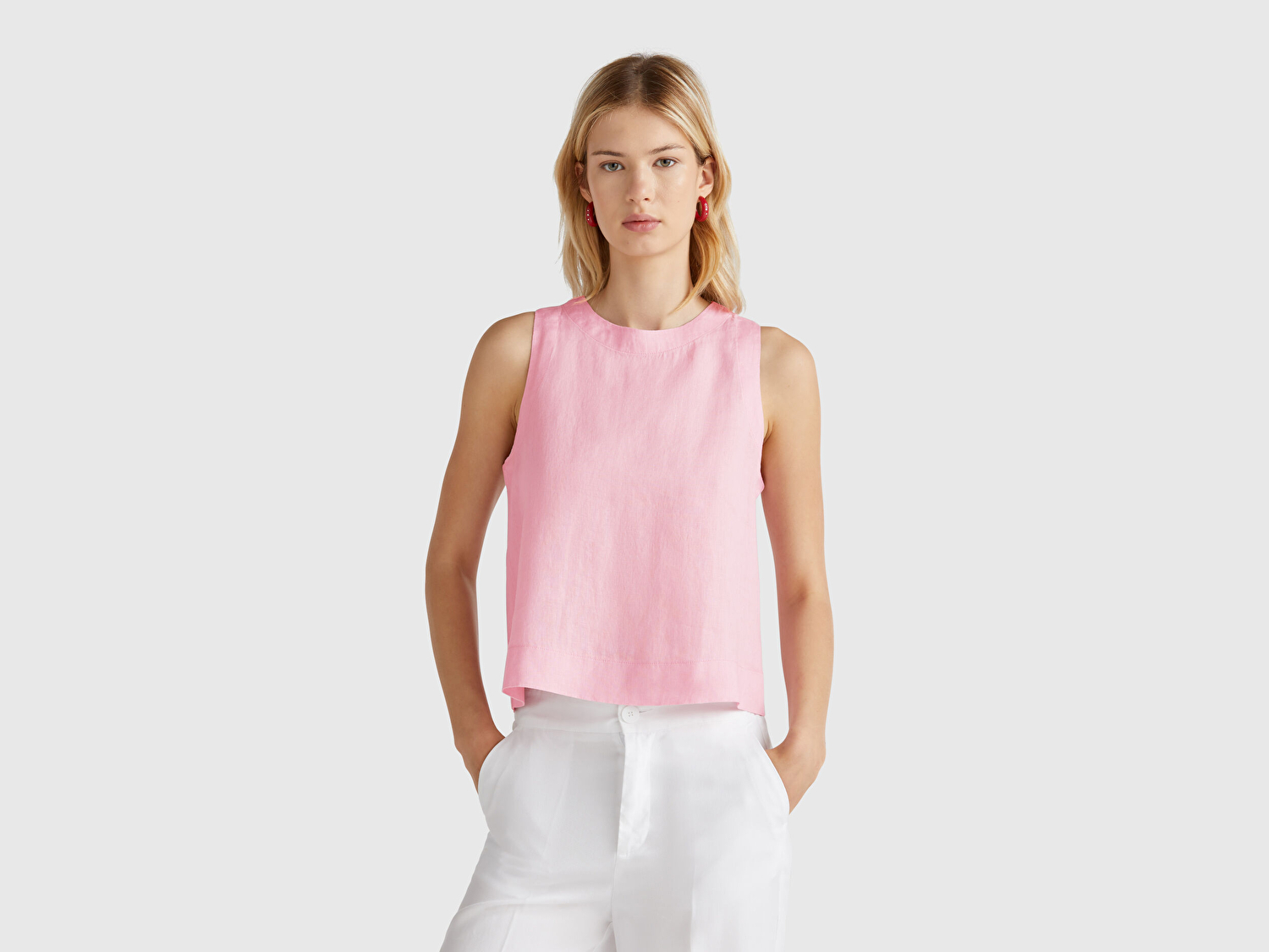 Benetton Kadın Pembe %100 Keten Kolsuz Bluz