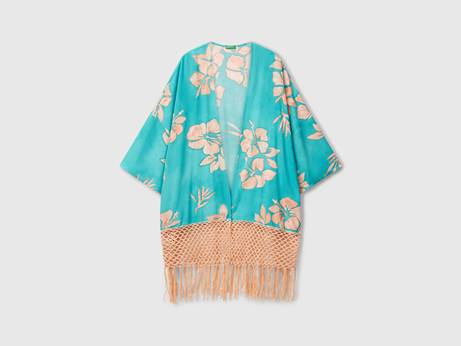 Benetton Kadın Turkuaz Pamuk ve Viskoz Karışımlı Desenli Püskül Detaylı Kimono
