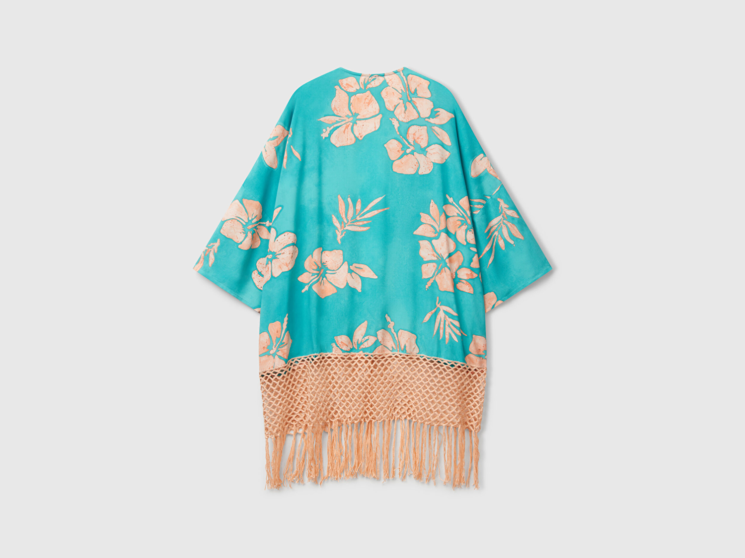 Benetton Kadın Turkuaz Pamuk ve Viskoz Karışımlı Desenli Püskül Detaylı Kimono