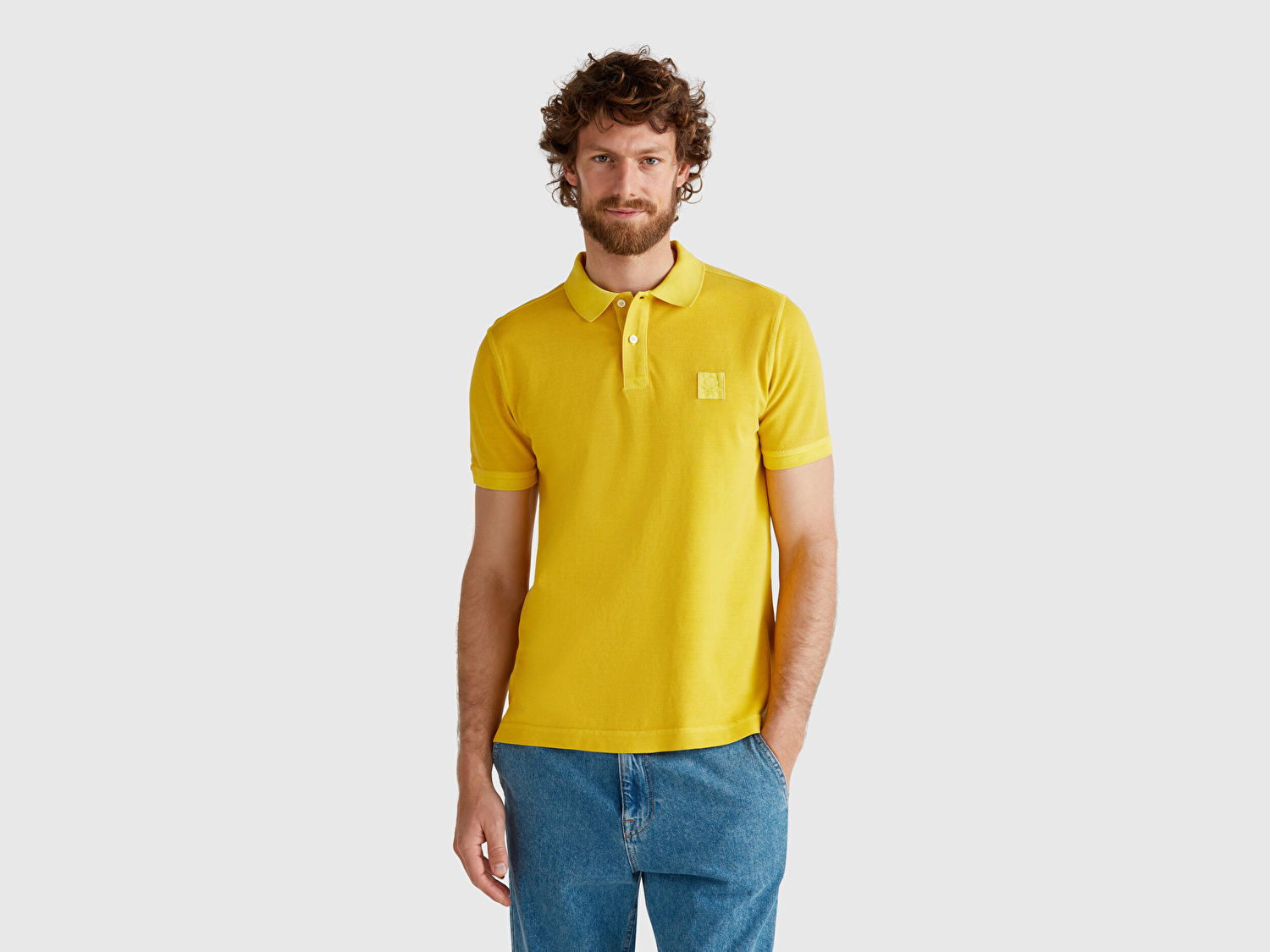 Benetton Erkek Sarı %100 Organik Koton Regular Fit Polo T-Shirt