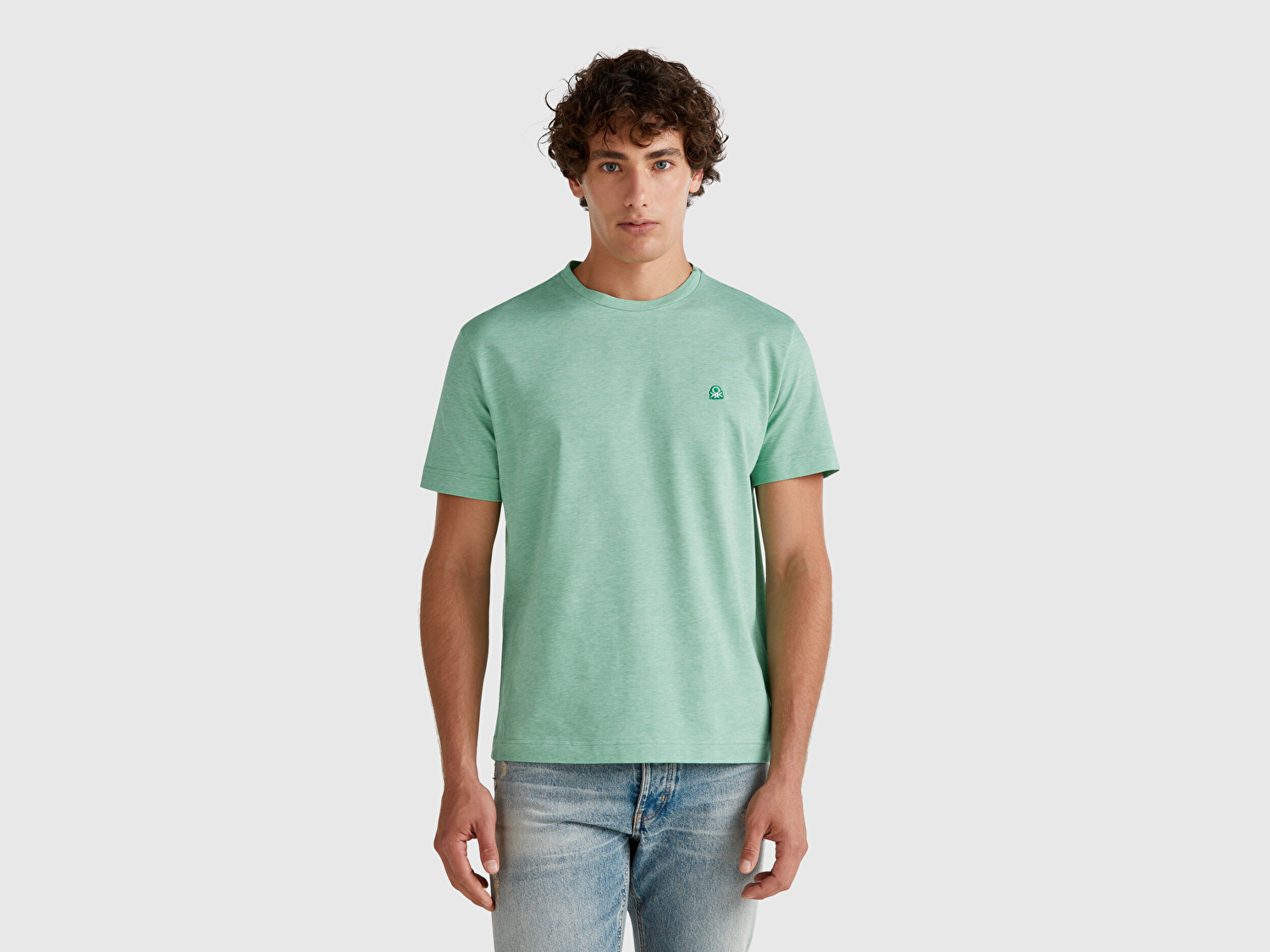 Benetton Erkek Yeşil %100 Pamuk Göğsü Yama Logo İşlemeli Bisiklet Yaka T-Shirt