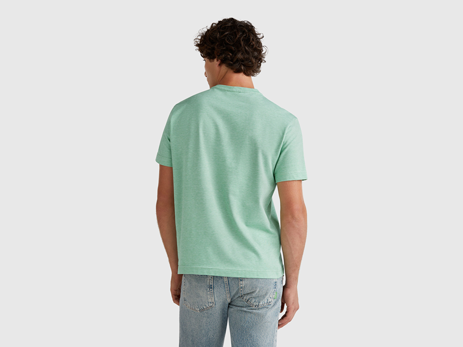 Benetton Erkek Yeşil %100 Pamuk Göğsü Yama Logo İşlemeli Bisiklet Yaka T-Shirt