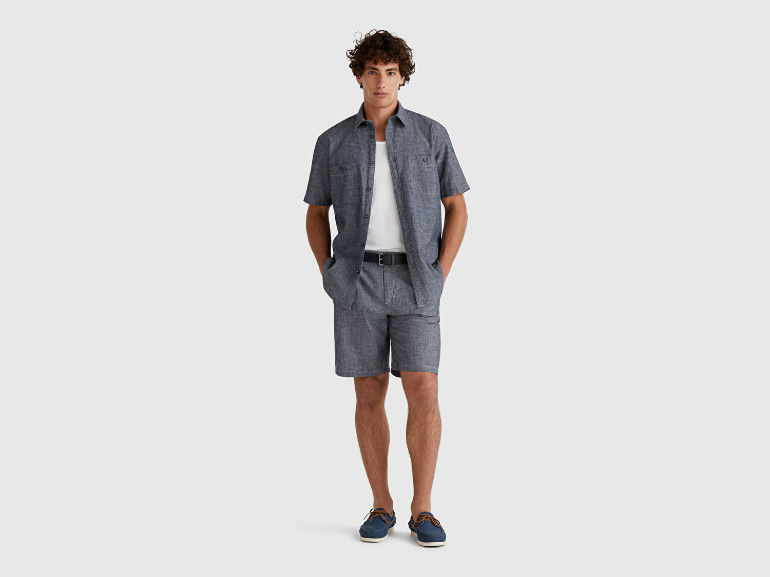 Benetton Erkek Mavi %100 Koton Beli Lastikli Şamre Denim Şort