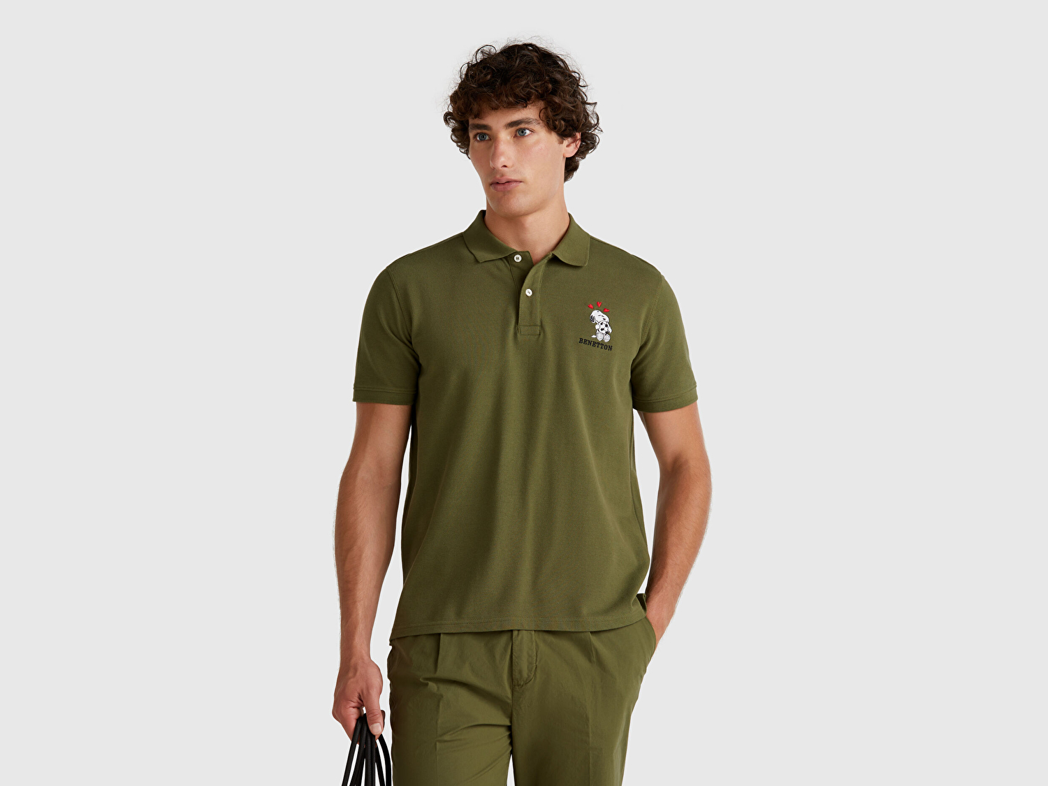 Benetton Erkek Haki %100 Koton Peanuts Baskılı Polo T-Shirt