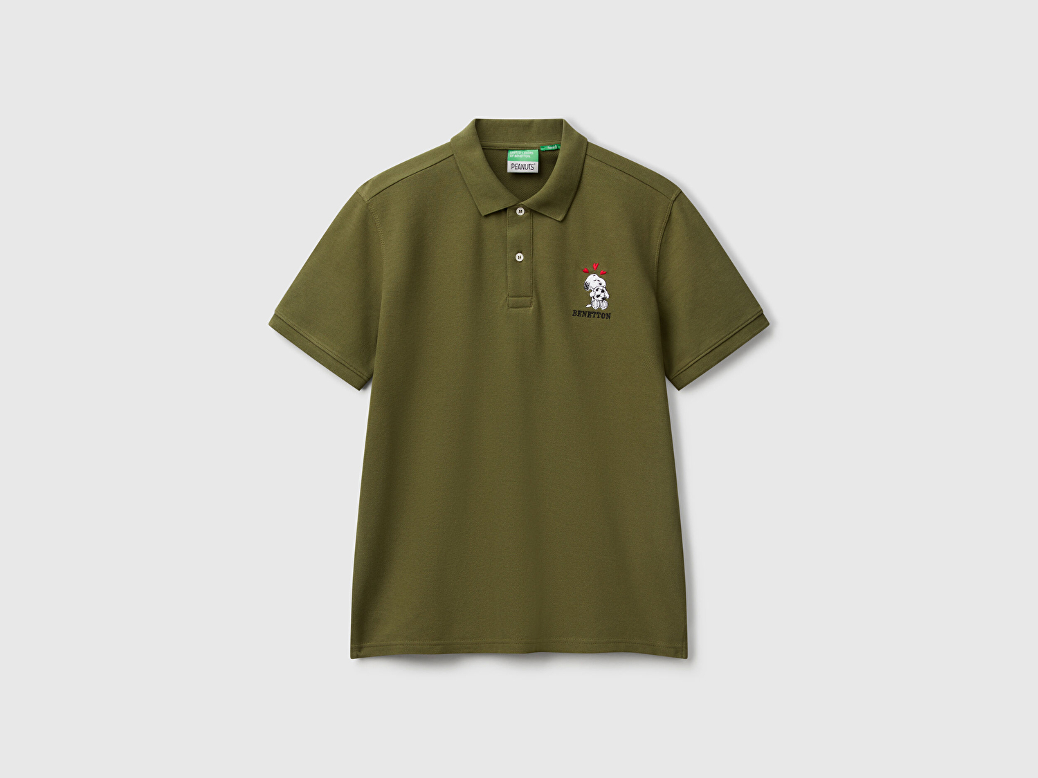 Benetton Erkek Haki %100 Koton Peanuts Baskılı Polo T-Shirt