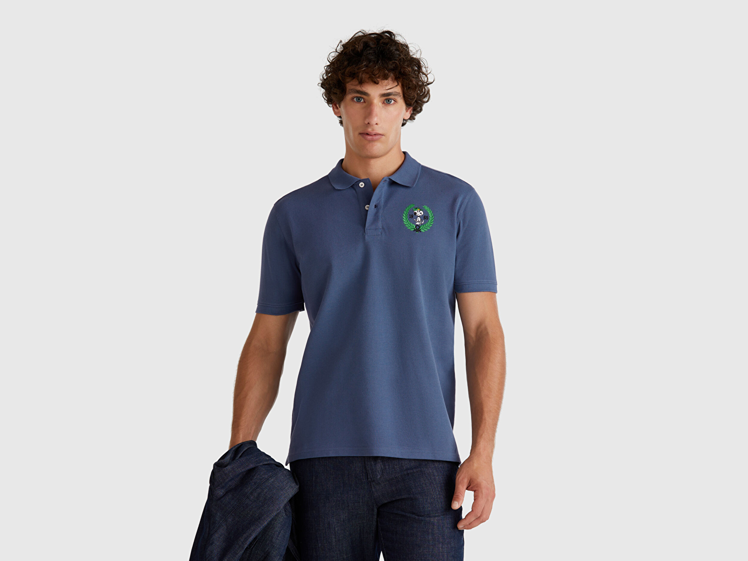 Benetton Erkek Mavi %100 Koton Peanuts Baskılı Polo T-Shirt